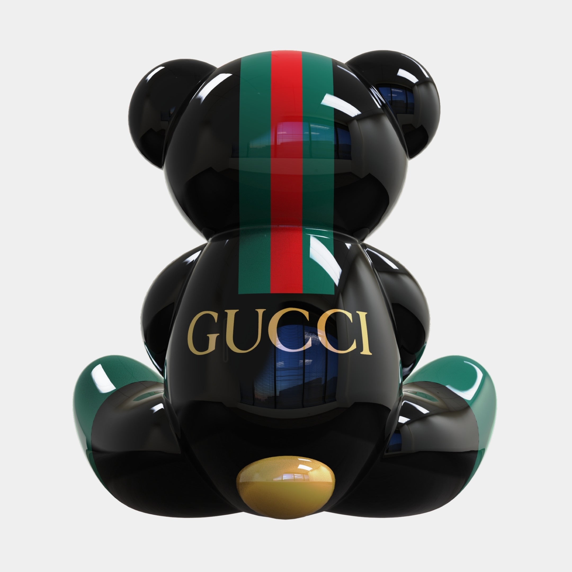 The Gacko Gucci Love Bear Sculpture - 80cm by Giant Sculptures features a glossy black finish, green and red stripes, and gold "GUCCI" lettering—a limited edition pop art collectible displayed on a white background.