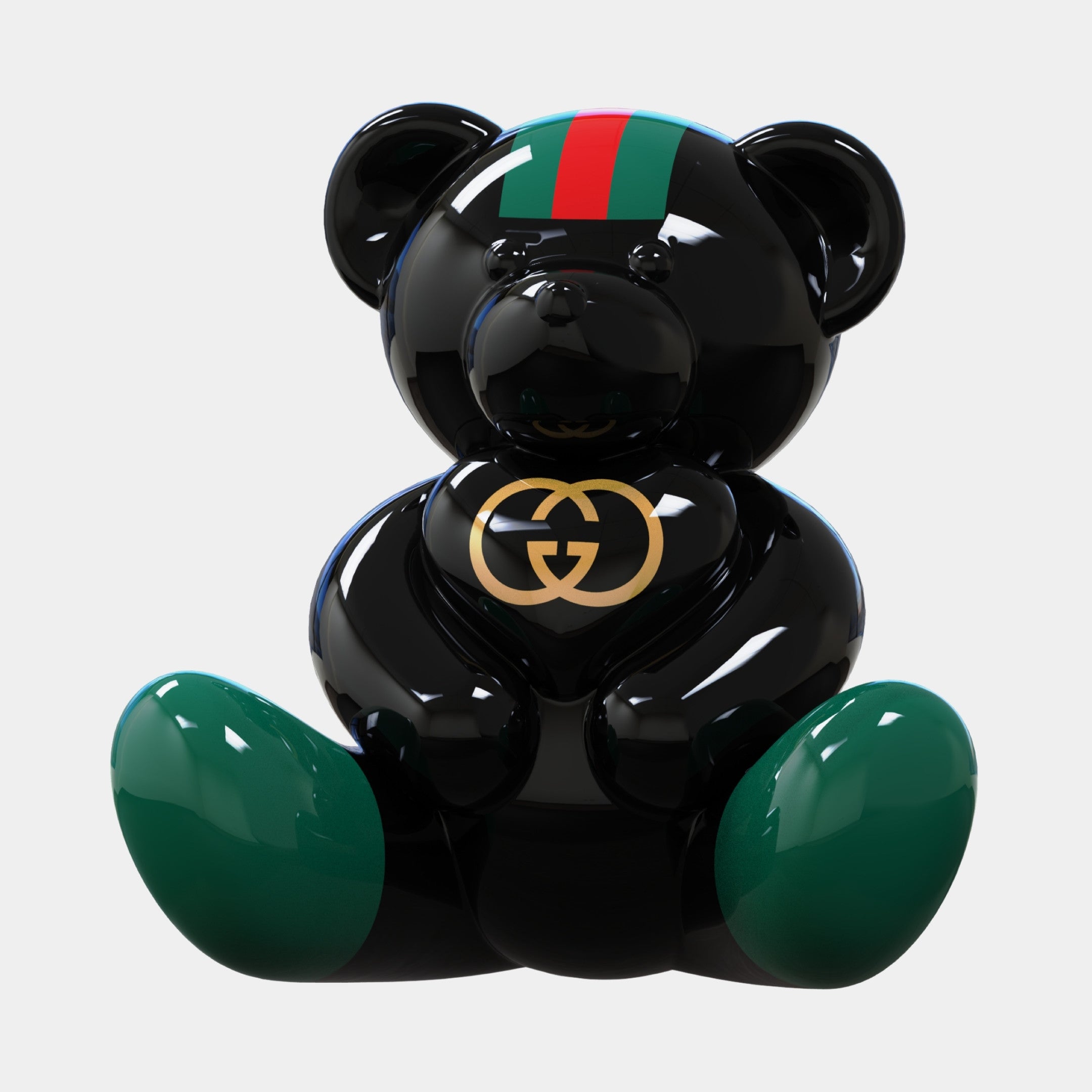 Add designer flair to any space with the Gacko Gucci Love Bear Sculpture - 80cm by Giant Sculptures. This glossy black piece features green and red stripes and a gold GG logo, making it a standout limited edition collectible.