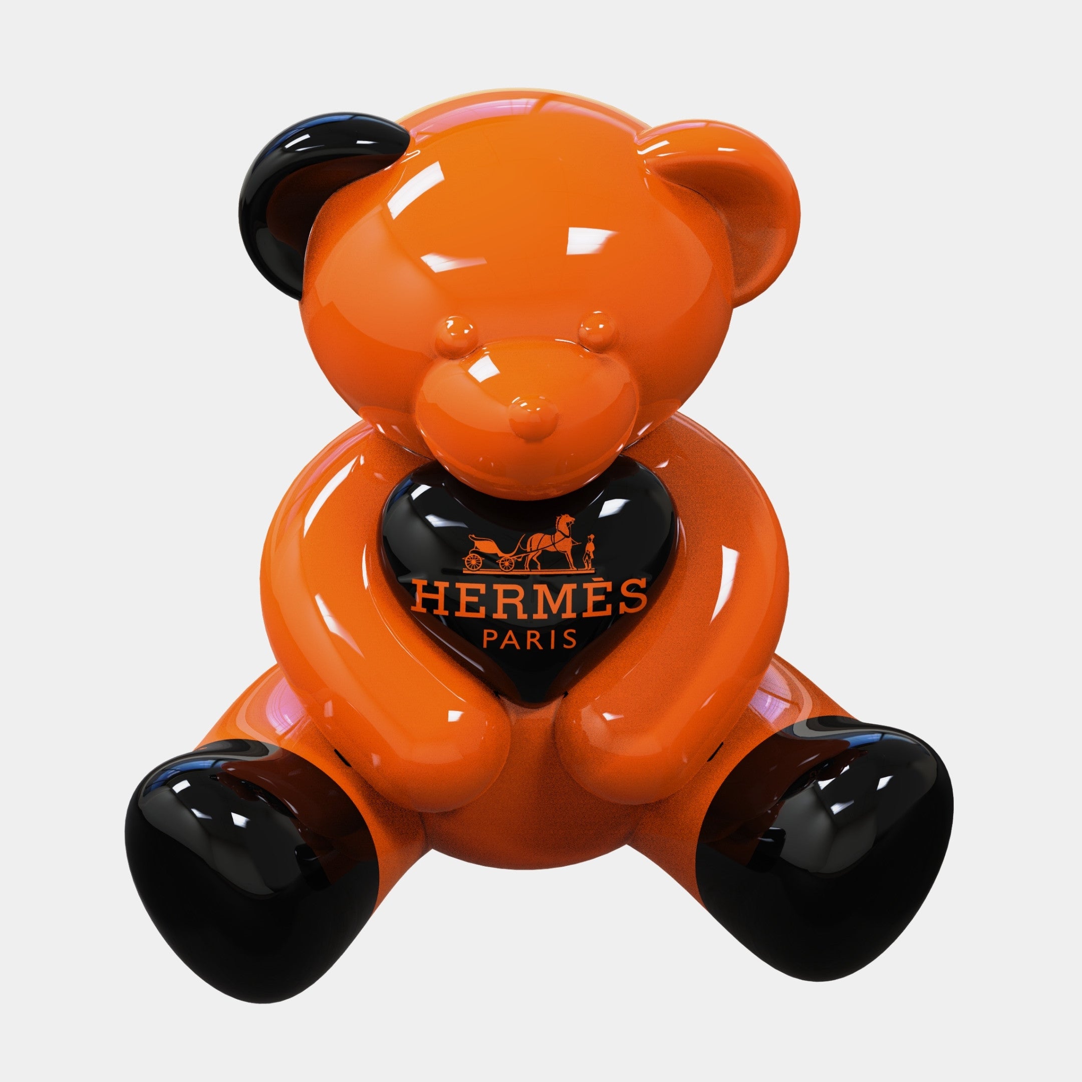 The Gacko Hermes Love Bear Sculpture - 160cm by Giant Sculptures is a glossy orange and black pop art bear holding a Hermès Paris heart, designed by André Gacko and shown upright against a white background.