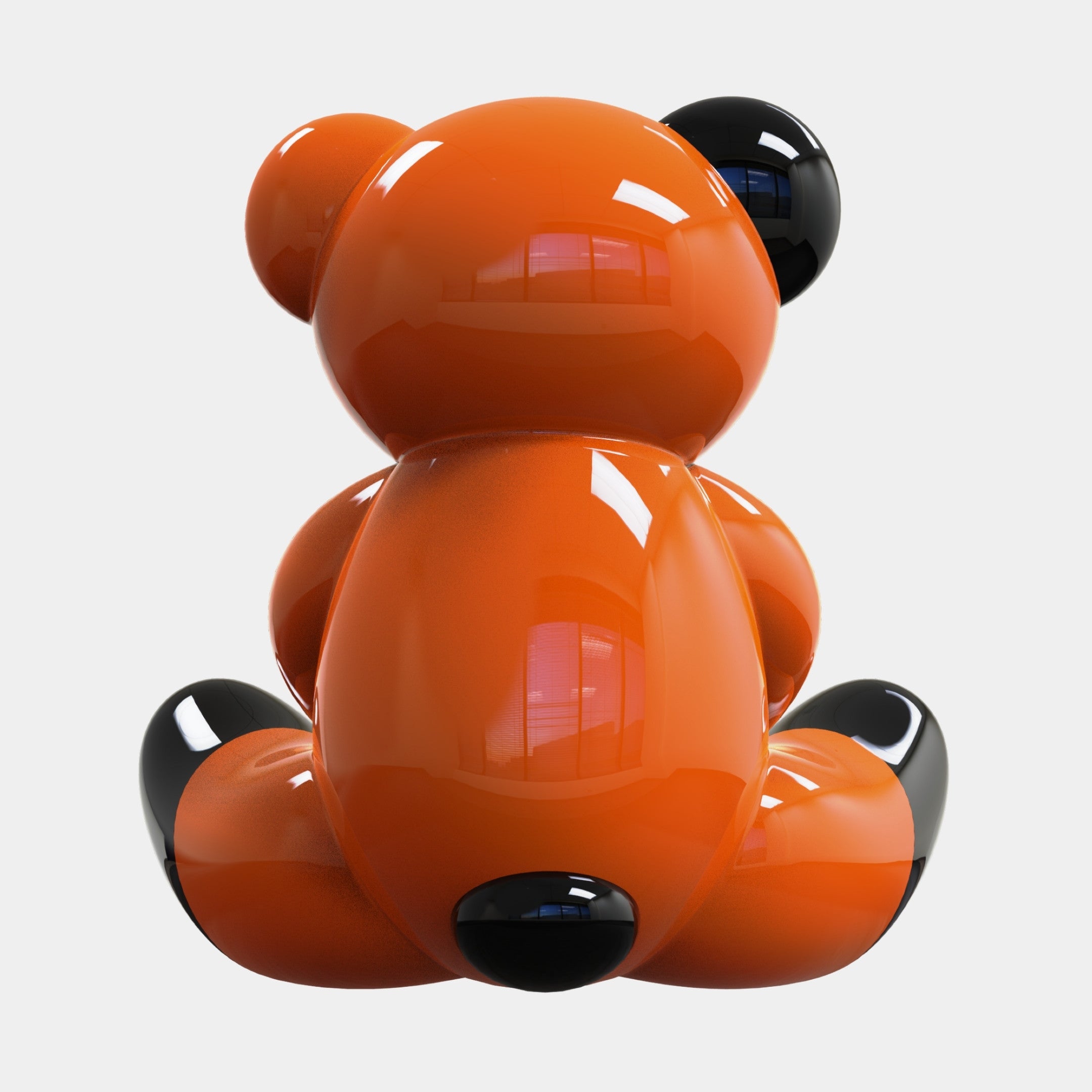 The Gacko Hermes Love Bear Sculpture - 160cm by Giant Sculptures features a glossy orange finish with black ear, paw, and feet accents, shown seated and facing away on a white background—a striking luxury pop art collectible.