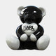 The Gacko Karl Lagerfeld Love Bear Sculpture by Giant Sculptures stands 160cm tall, featuring a glossy black and white pop art finish with a heart inscribed with KARL LAGERFELD, blending modern style and artistic flair.