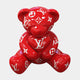 The Gacko Red LV Love Bear Sculpture - 160cm by Giant Sculptures features a shiny red bear with white Louis Vuitton-style monograms, sitting upright and holding a heart on a plain white background.