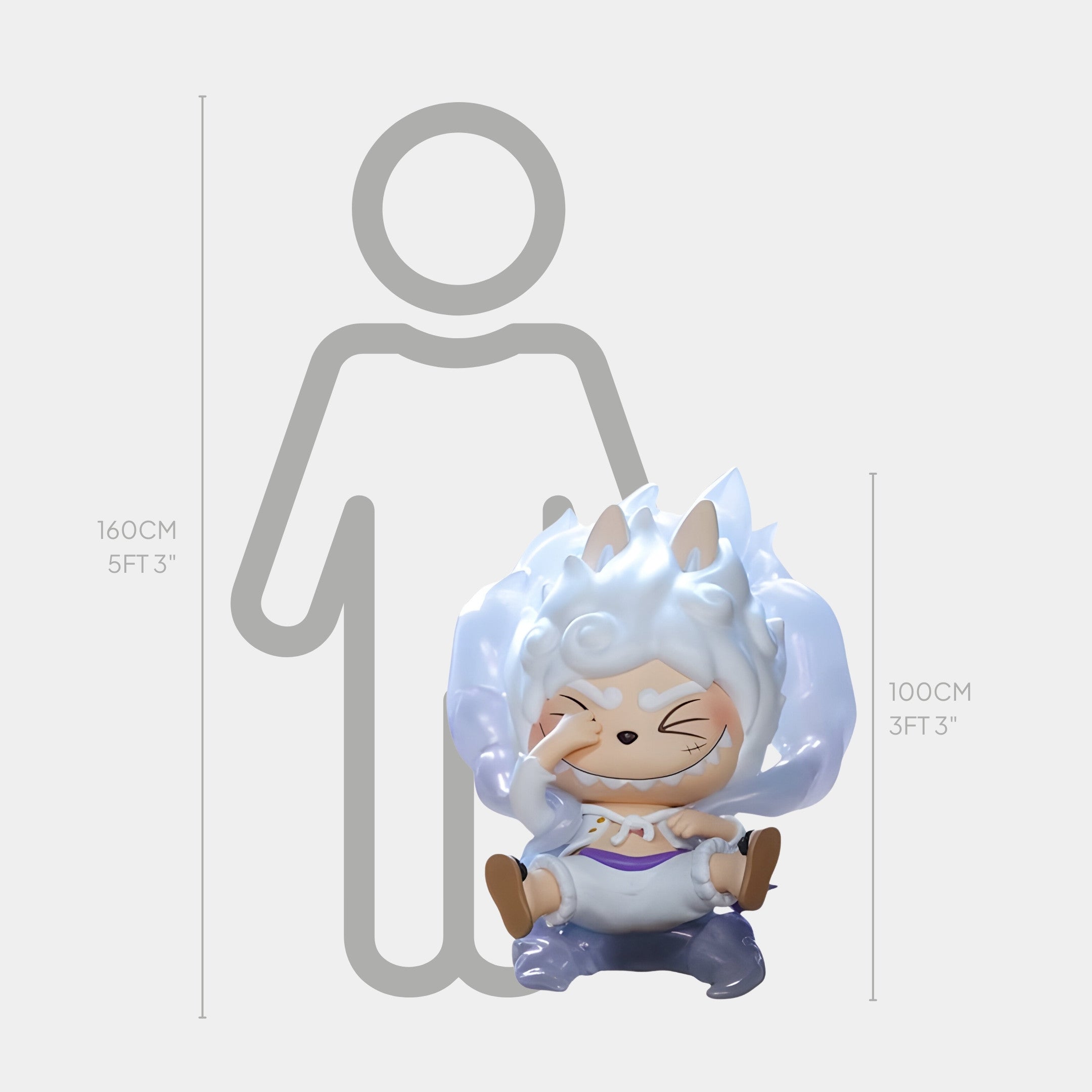 The Grand Line Gear 5 Luffy Labubu Sculpture by Giant Sculptures is a playful, fox-like anime homage figure with white spiky hair, measuring 100cm tall and shown beside a 160cm human outline for scale.