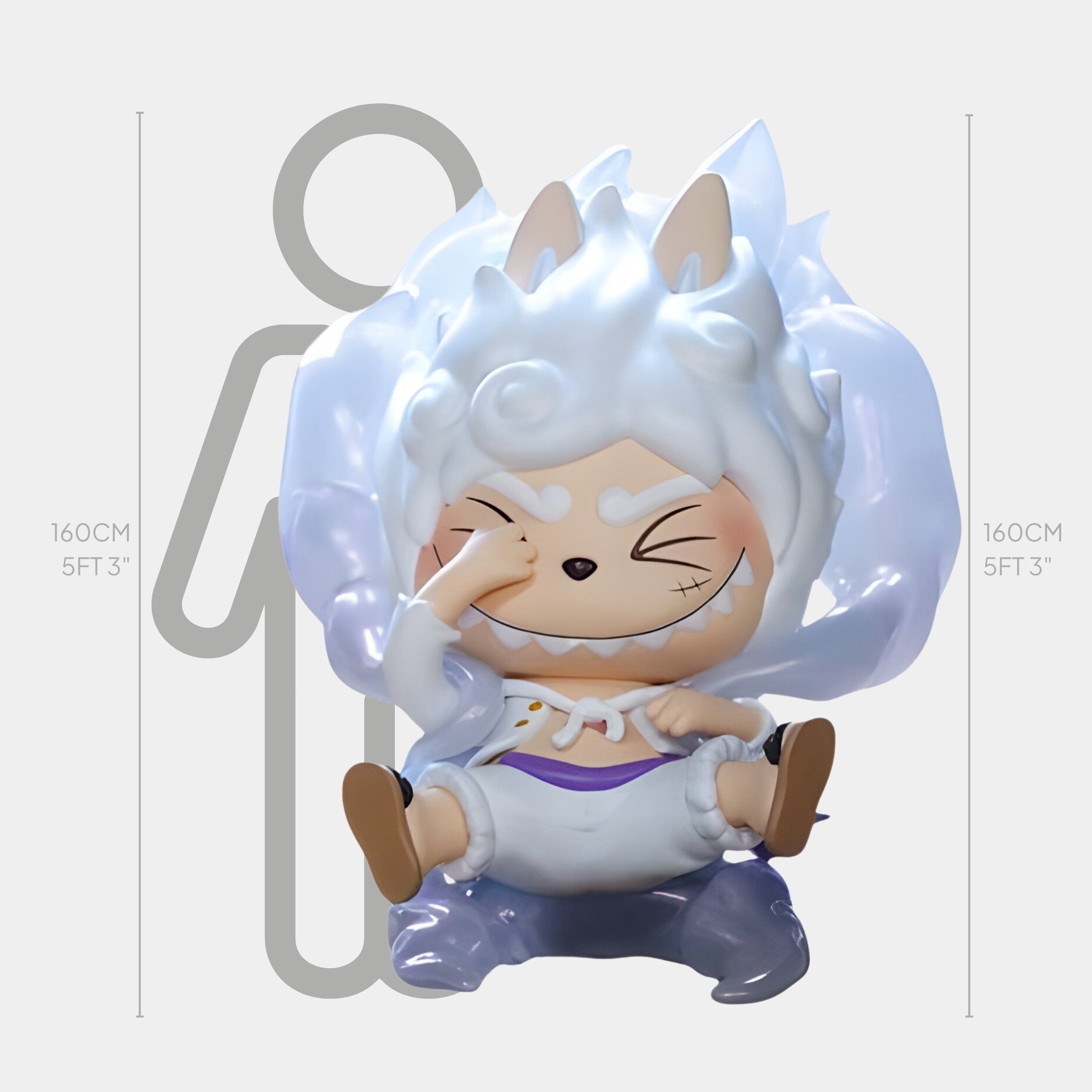 The Grand Line Gear 5 Luffy Labubu Sculpture by Giant Sculptures is a 160cm chibi-style figure with white hair and animal-like ears, smiling on a purple base. A height guide shows its impressive size (5 ft 3 in) for scale.