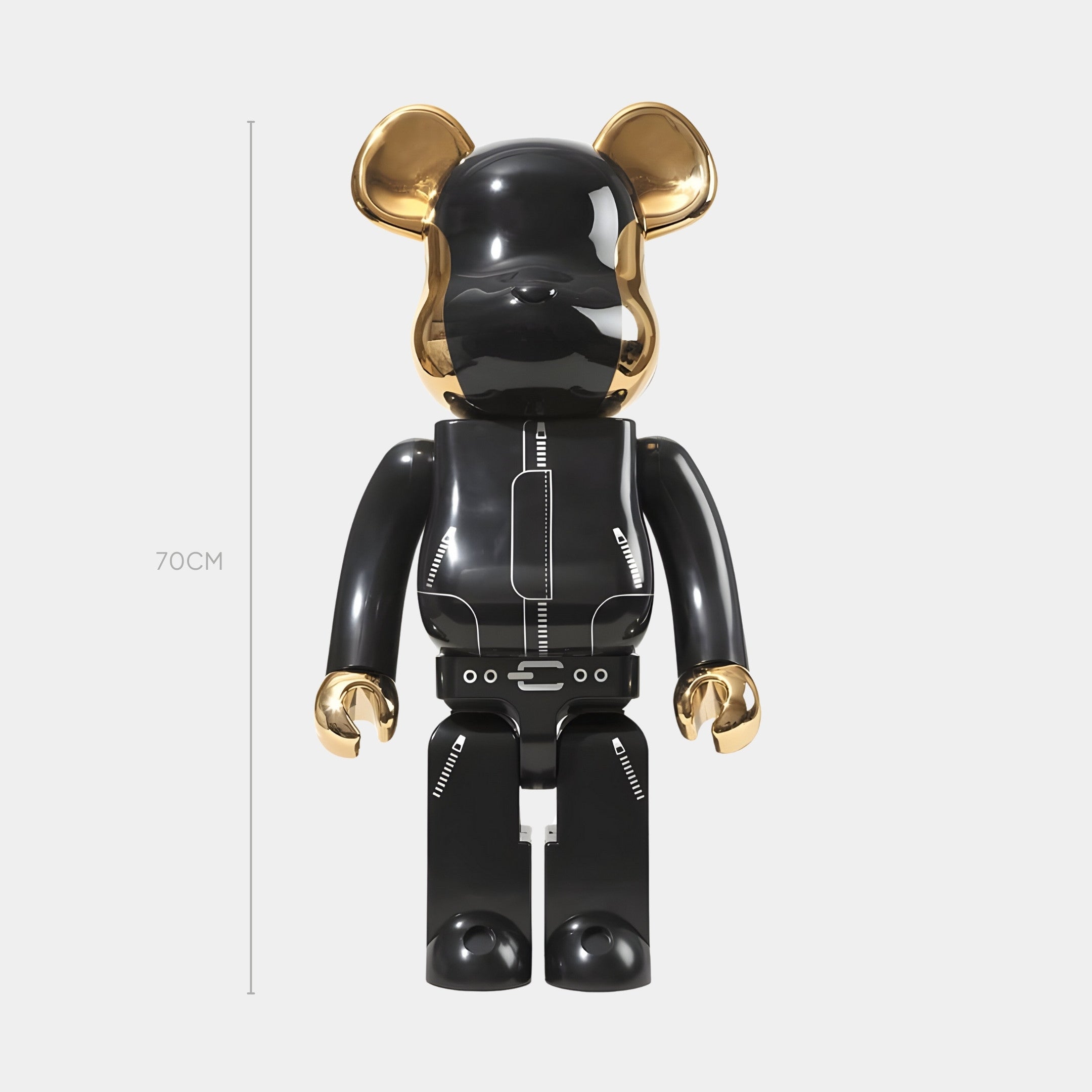 The Gemini Veil Bear Sculpture - 70cm by Giant Sculptures stands upright against a white background, featuring a black finish with gold ears, hands, and futuristic details.