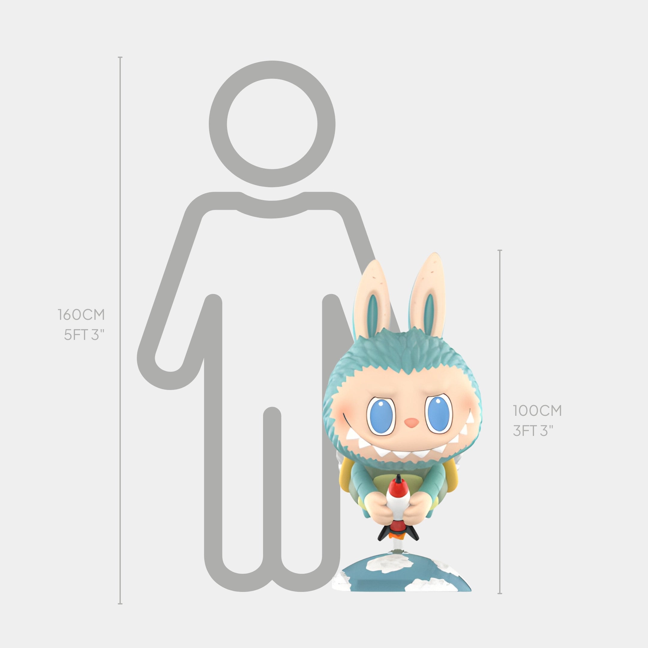 The Monsterverse Giant Turtle Labubu Sculpture by Giant Sculptures stands 100cm tall, featuring a blue Kaiju monster with bunny ears and big eyes on a cloud holding a red rocket, shown beside a 160cm human outline for scale.
