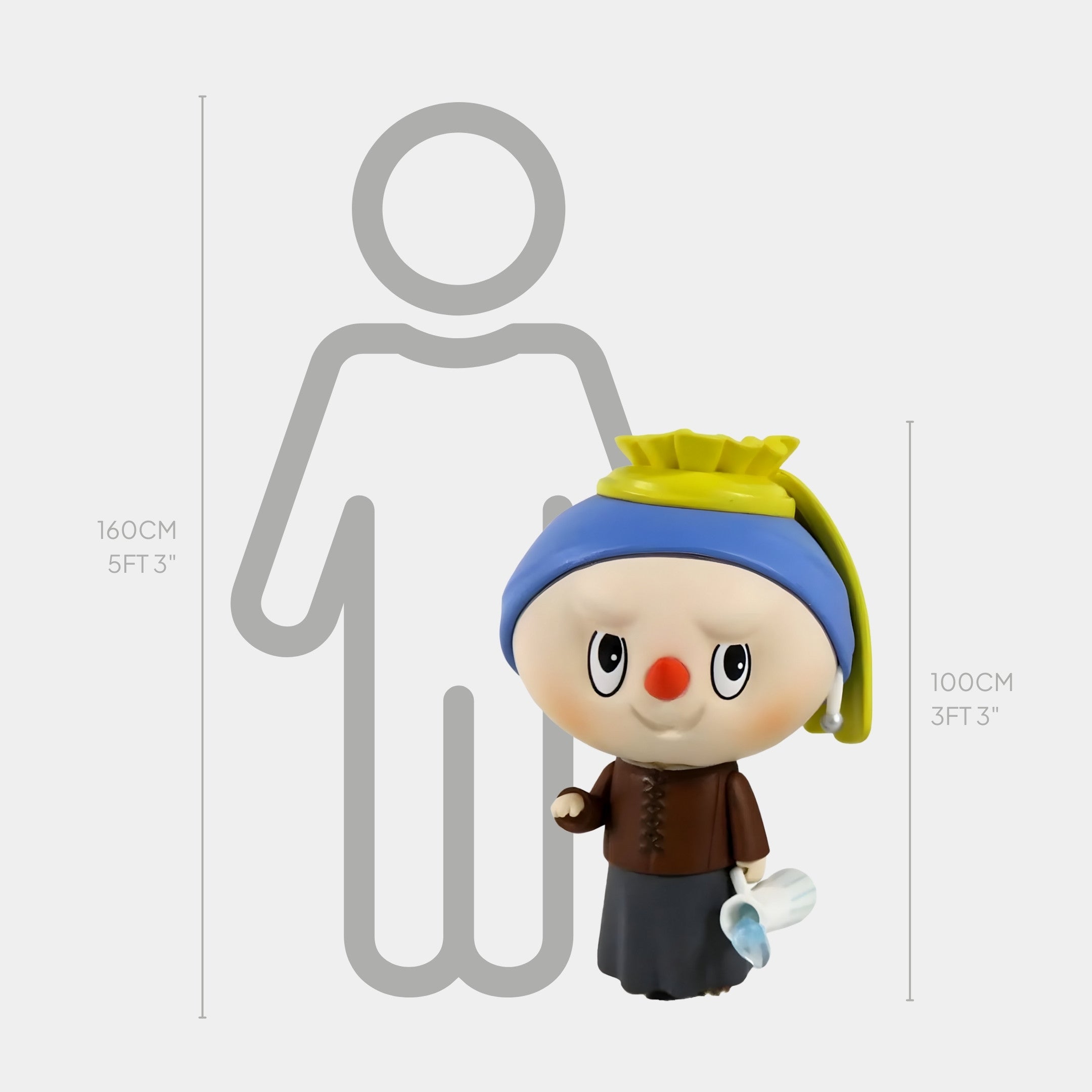 The Giant Sculptures Art History Pitcher Girl Labubu Sculpture - 100cm stands in front of a grey height chart with a human outline, showing it measures about 100 cm tall next to a person who is 160 cm.
