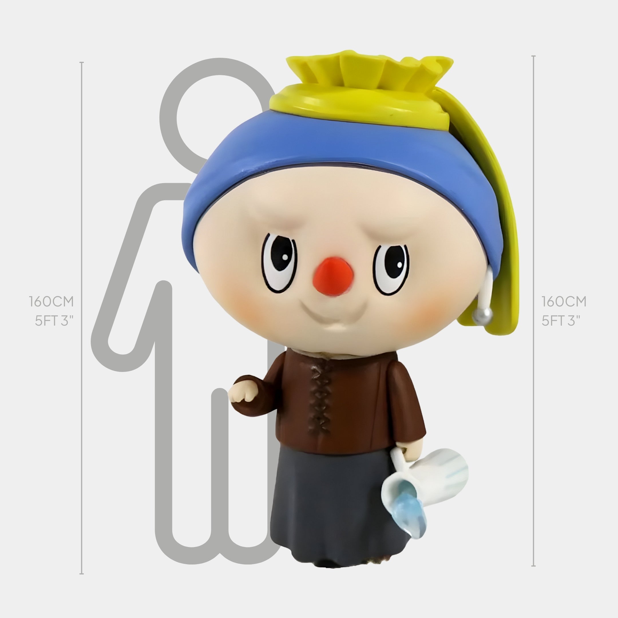 The Giant Sculptures Art History Pitcher Girl Labubu Sculpture (160cm) features a cartoonish Labubu inspired by Girl with a Pearl Earring, with a round face, red nose, blue/yellow headscarf, brown top, gray skirt, and pitcher. Height chart shown.