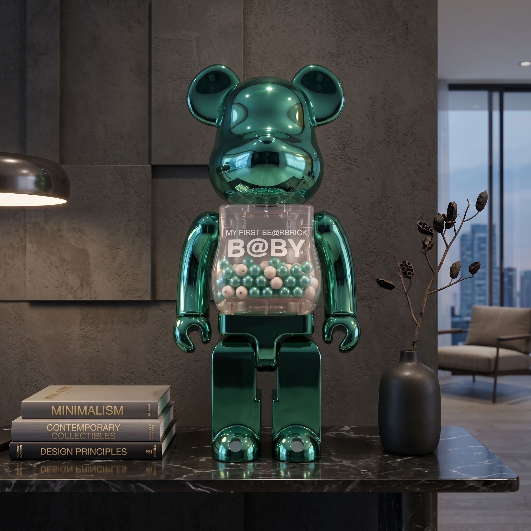 Gleam Green Beads Bear Sculpture, 70cm, metallic green resin bear with bead-filled clear chest, displayed on a marble table in a modern living room.