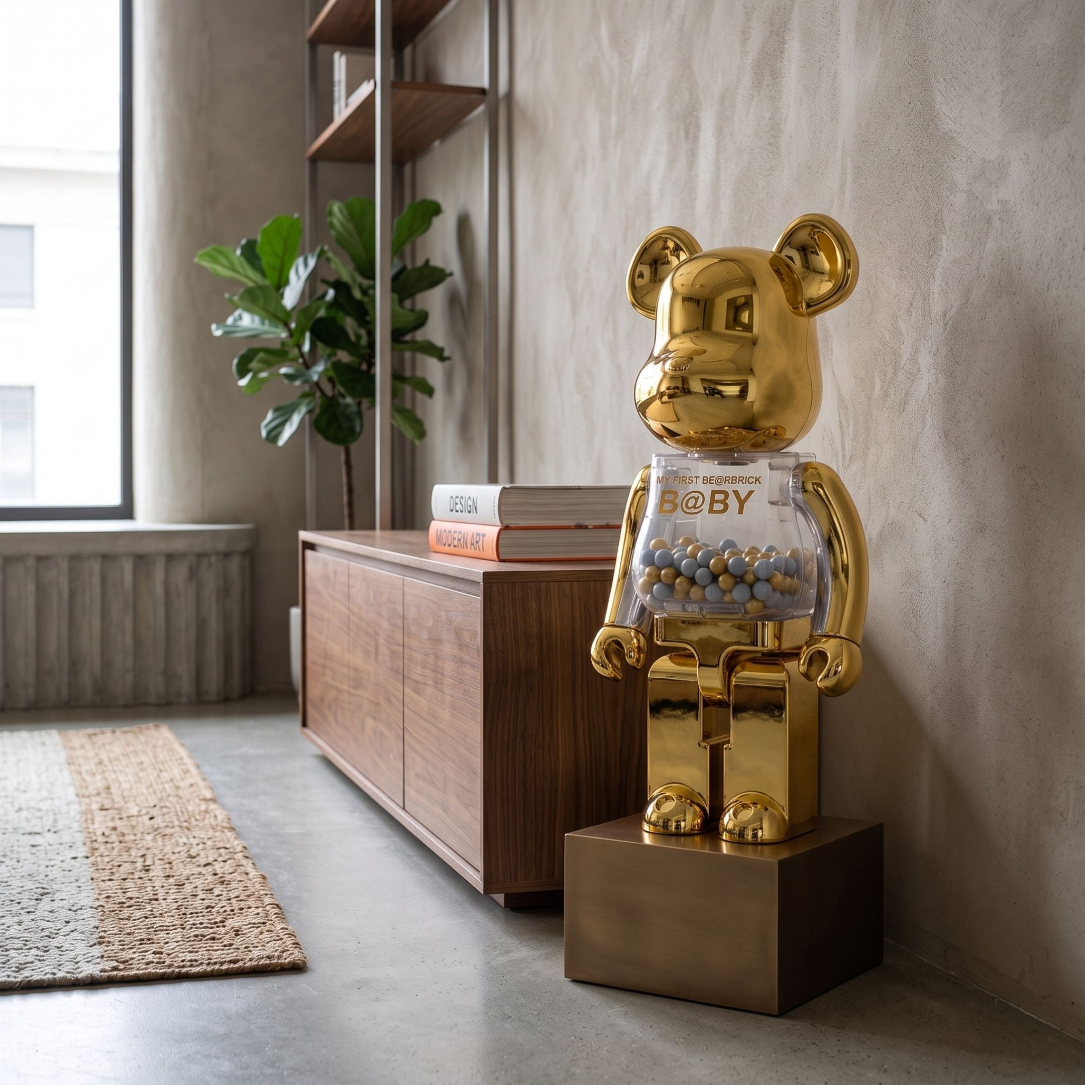 Golden Chrome Beads Bear Sculpture (70cm) by Giant Sculptures, gold electroplated Be@rbrick figure with bead-filled torso, displayed on a bronze pedestal beside a walnut console in a living room.