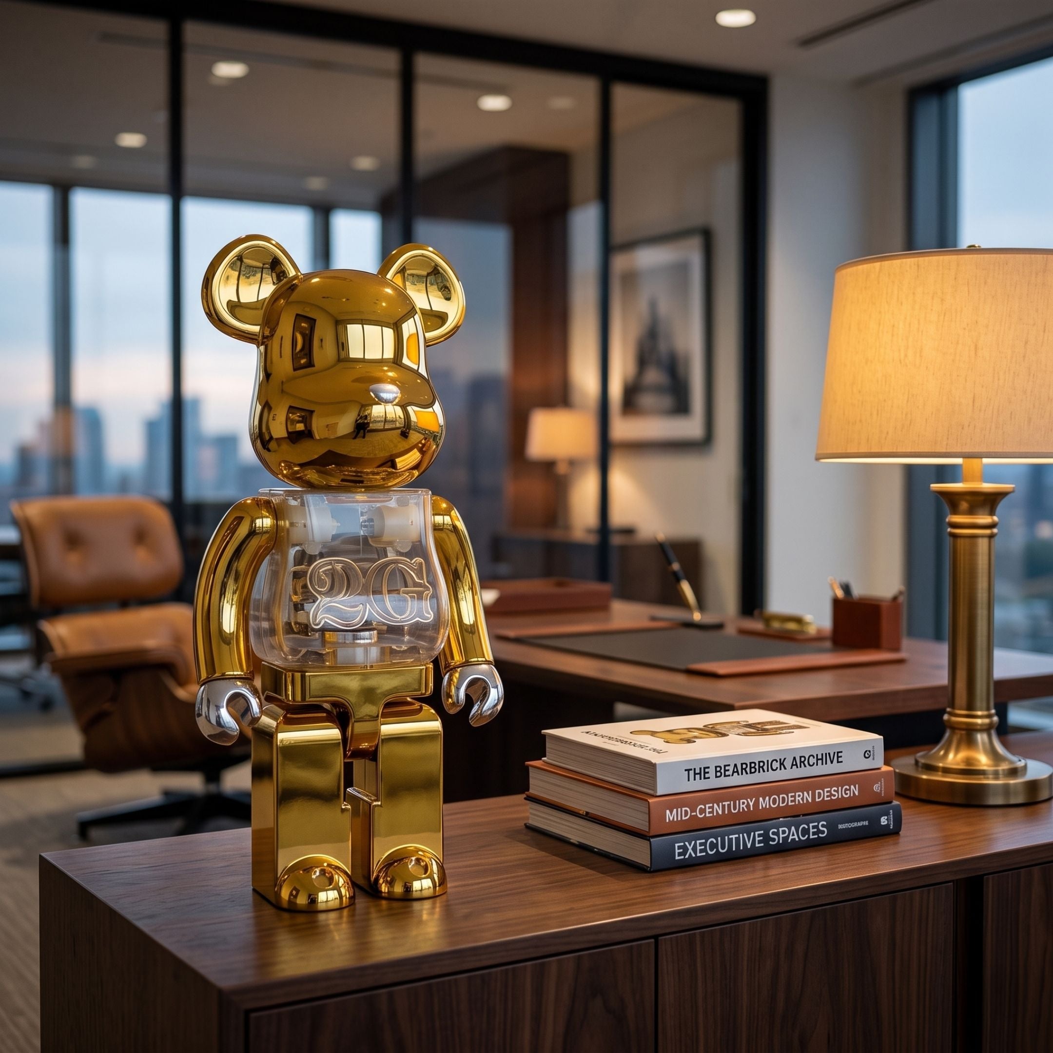 Nexus Gold Bear Sculpture - 70cm in gold chrome with a transparent "2G" chest panel, displayed on a wooden office credenza beside a lamp and books.
