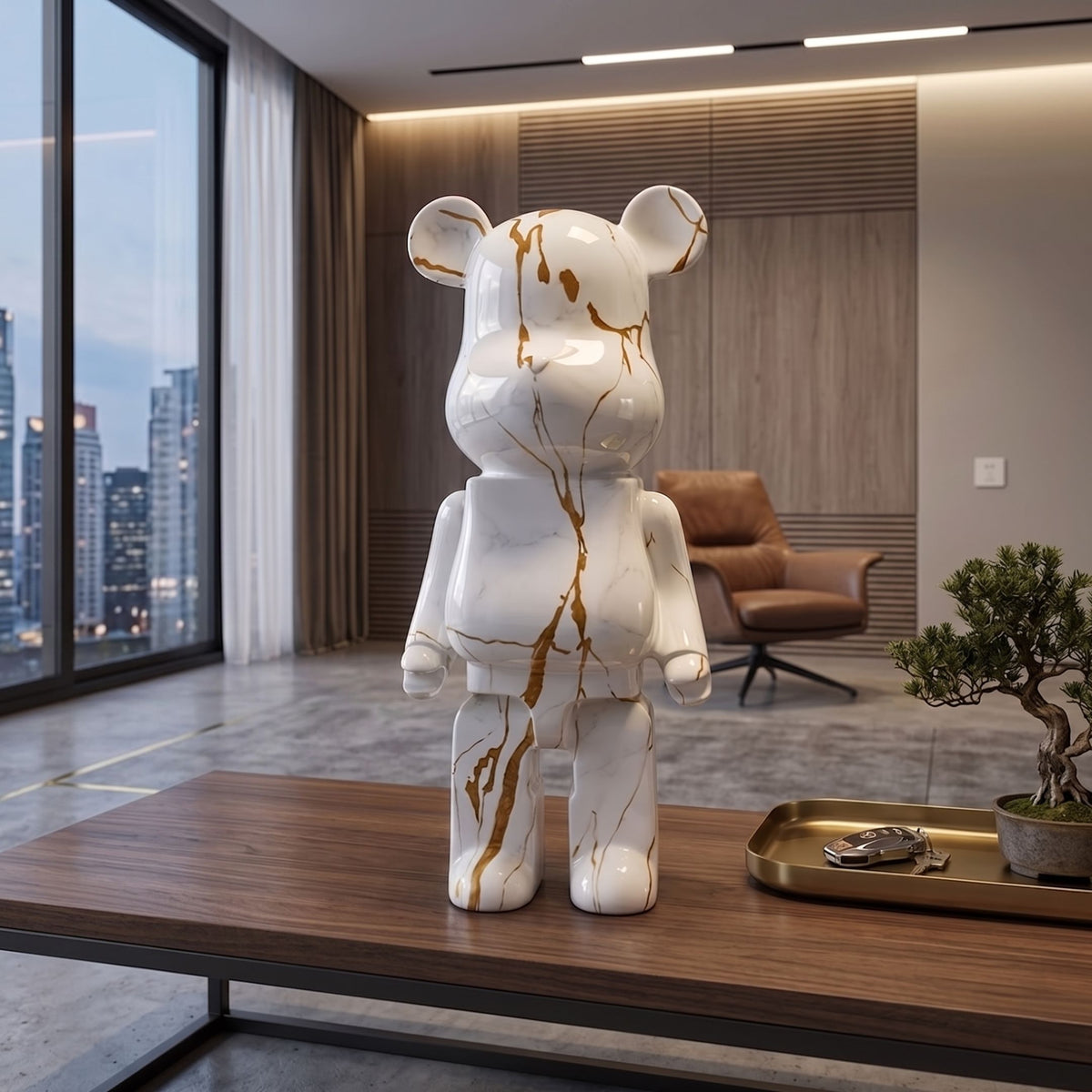 Golden Luster Bear Sculpture - 50cm in white with gold drip details, displayed on a wood coffee table in a modern living room with city views.