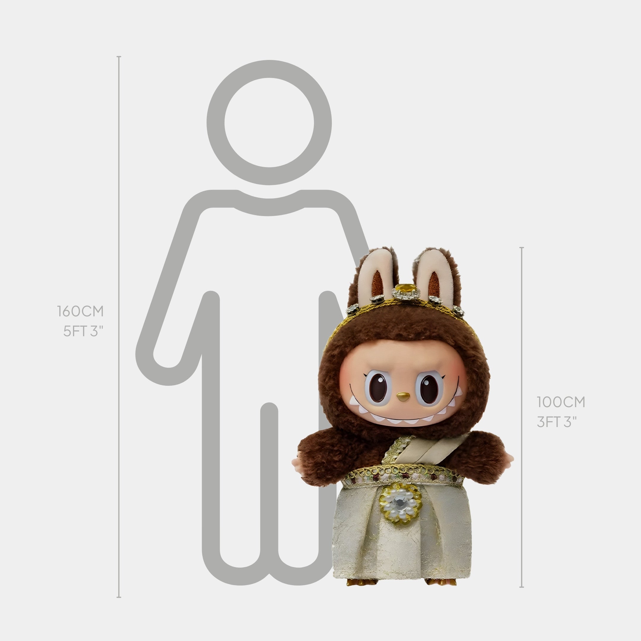 The Regal Parade Queen Labubu Sculpture by Giant Sculptures stands about 100cm tall, featuring a furry brown outfit with bunny ears and cream ceremonial attire, shown beside a 160cm silhouette for scale.