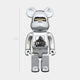 The Giant Sculptures Gorilla Crest Chrome Bear Sculpture - 70cm stands boldly on a white background, boasting a shiny silver finish, black eyes and nose, and the XLARGE gorilla crest on its chest.