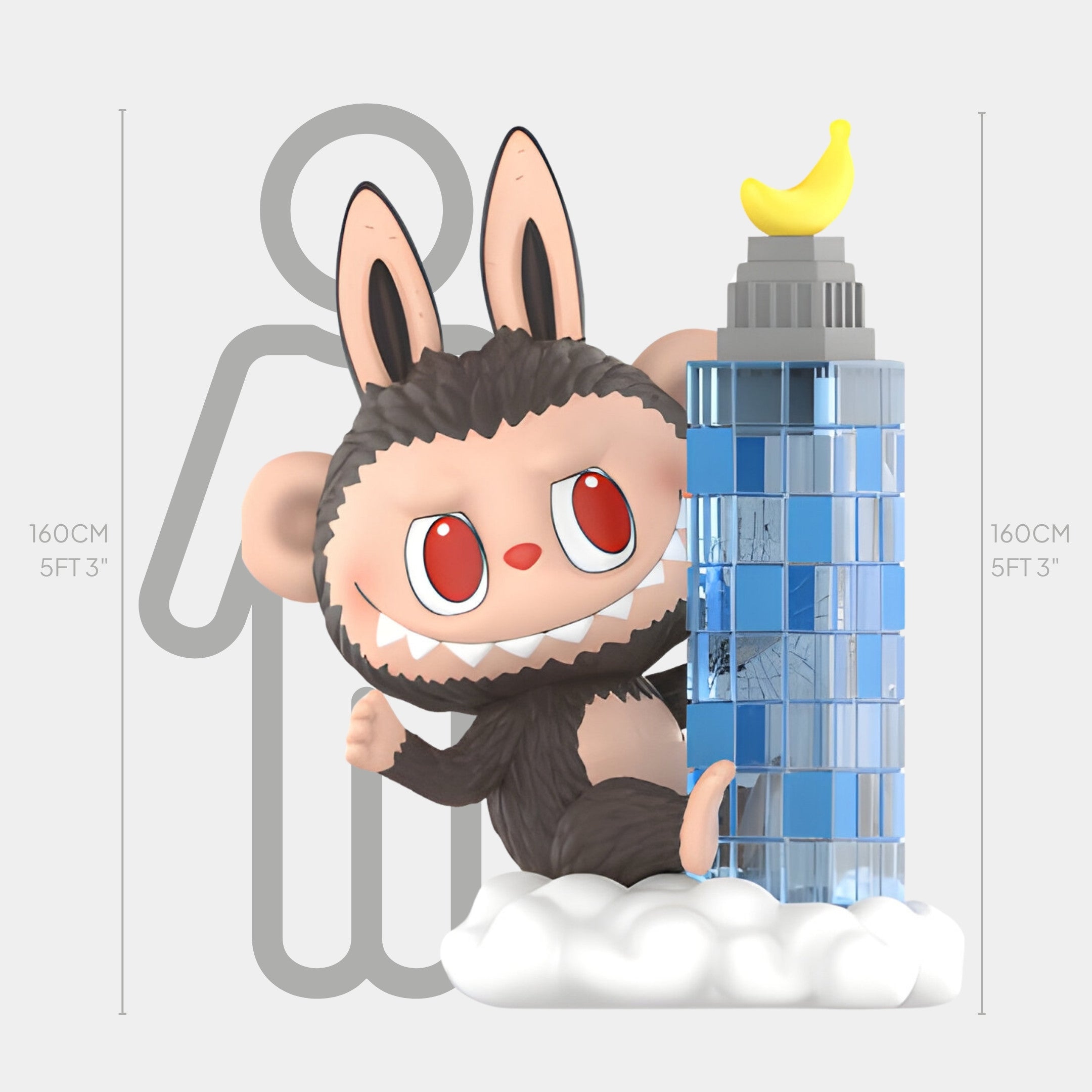The Monsterverse Gorilla King Labubu Sculpture by Giant Sculptures features a furry cartoon creature with bunny ears and red eyes hugging a blue skyscraper with a yellow banana on top, standing on a cloud. It stands 160cm (5ft 3in) tall.