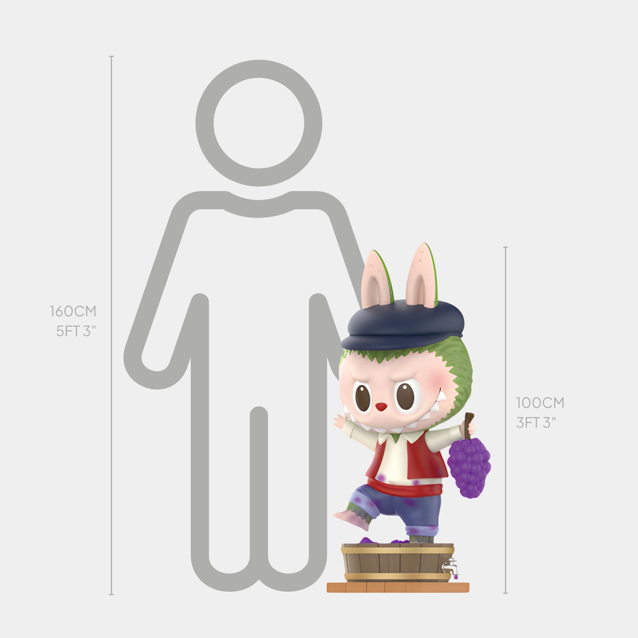 The Grapes Fruit Labubu Sculpture - 100cm by Giant Sculptures depicts a cartoon bunny in a hat and red vest holding grapes, standing in a wooden tub. For scale, it is shown next to a 160 cm (5 ft 3 in) person outline.