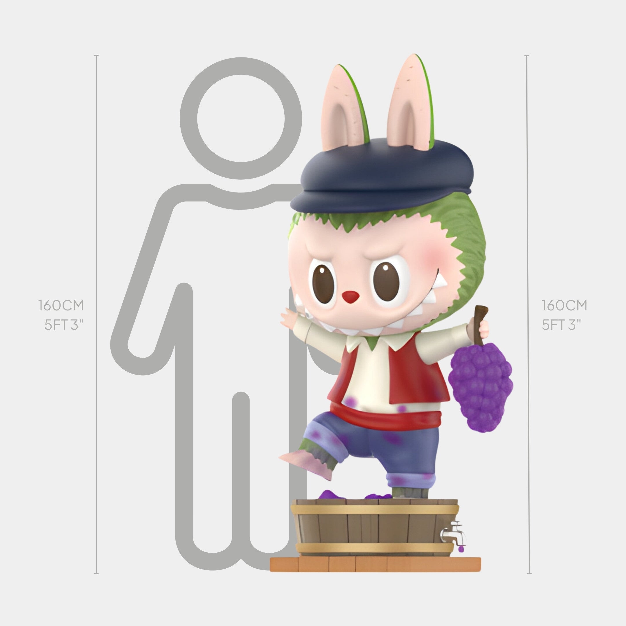 The Grapes Fruit Labubu Sculpture - 160cm by Giant Sculptures features a cute cartoon character with rabbit ears, dressed as a winegrower and stomping grapes in a wooden barrel. A height chart indicates it stands about 160 cm tall.