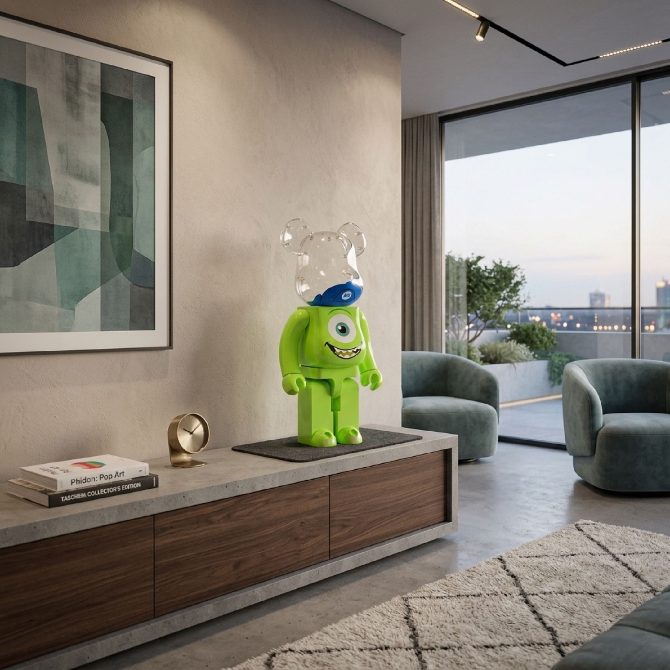 Green Cyclops Bear Sculpture - 70cm by Giant Sculptures, with clear resin ears, blue cap, and a chest-mounted eye, displayed on a console in a living room.
