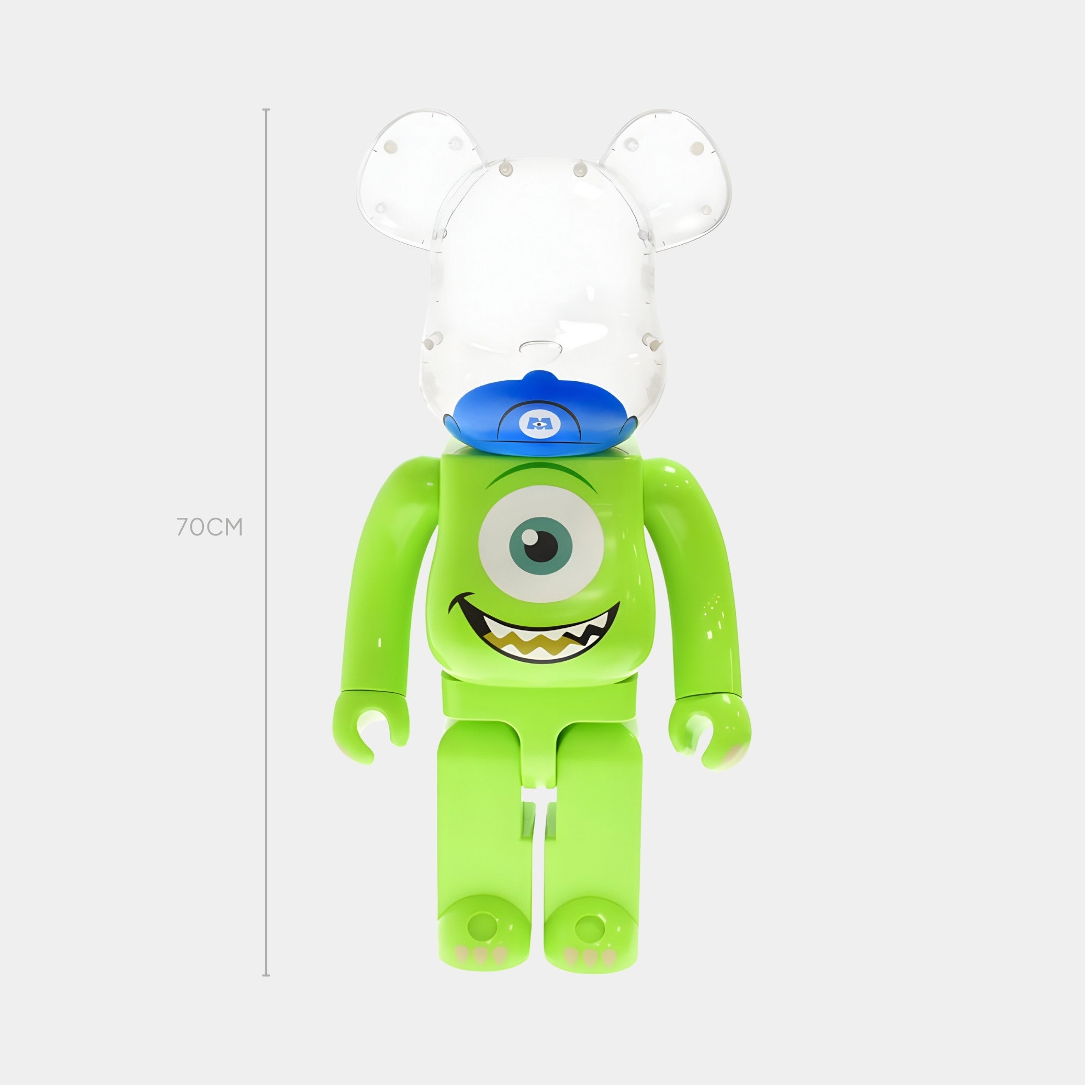 The Green Cyclops Bear Sculpture - 70cm by Giant Sculptures features a clear bear-shaped head, single large eye, and smiling mouth on its chest, crafted in glossy resin and shown against a plain light background.