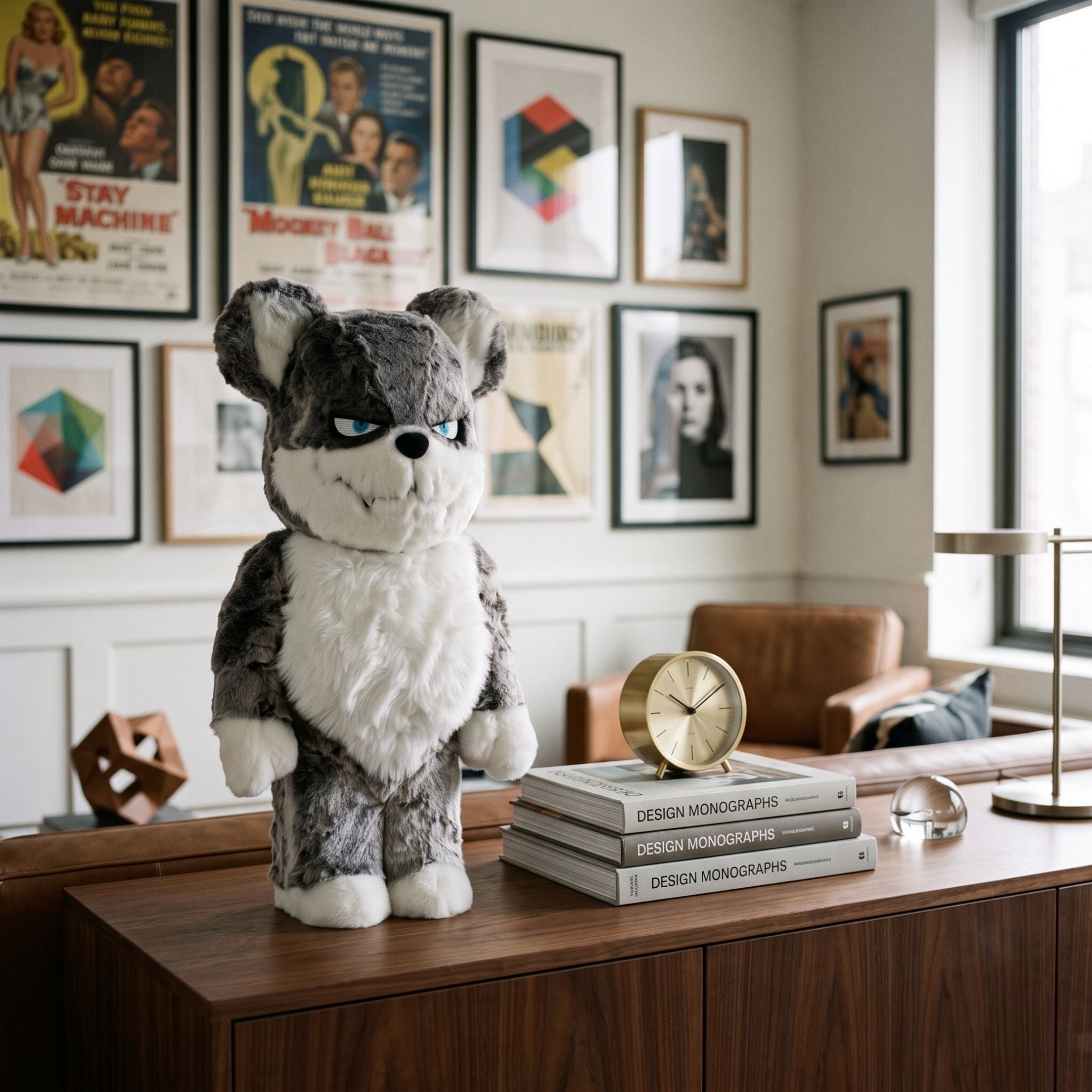 Polar Husk Fur Bear Sculpture - 70cm in grey and white faux fur with blue eyes, standing on a wooden cabinet in a living room with framed art and leather chairs.