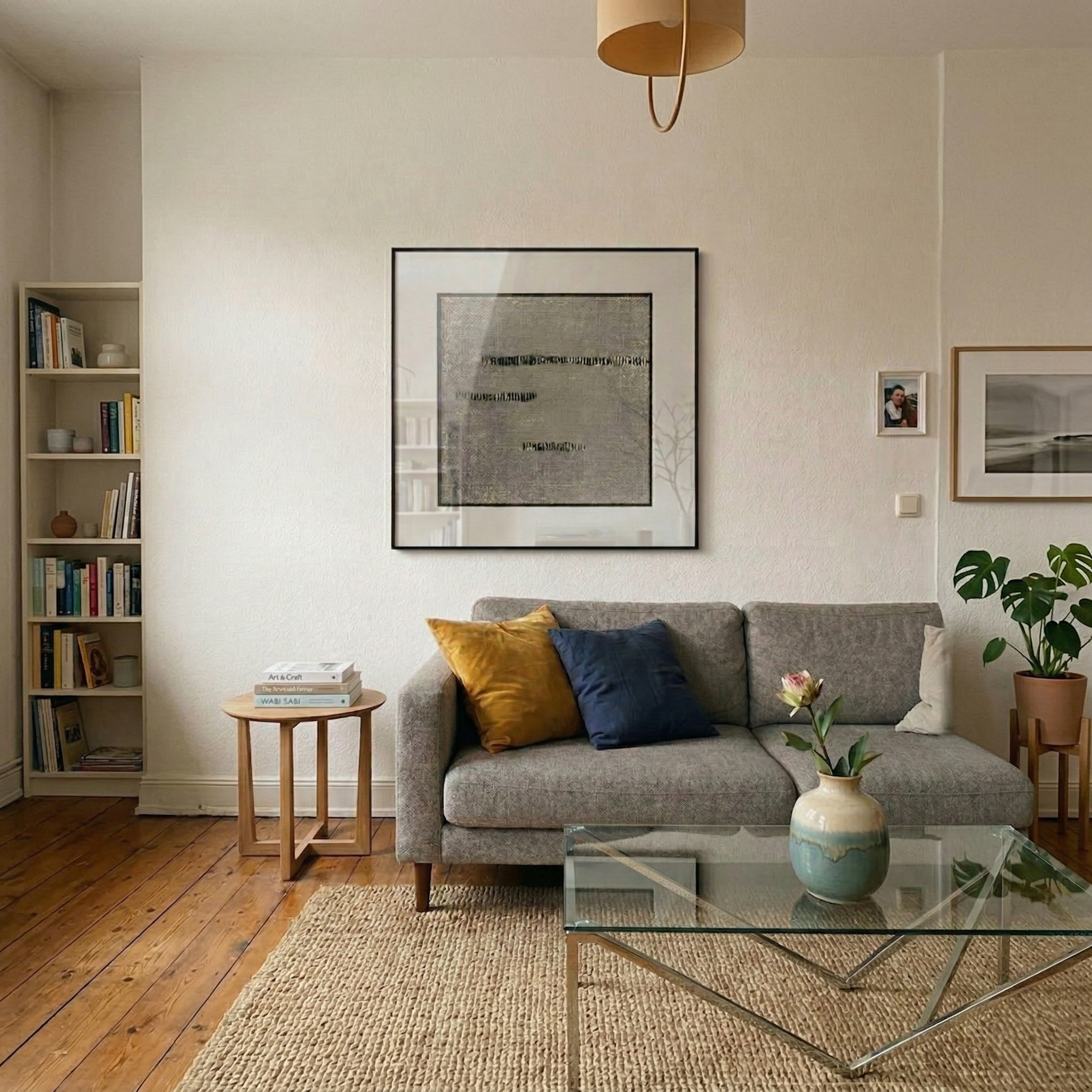 Tracera Stone Grey Line Textured Abstract Framed Wall Art by Giant Sculptures displayed in a living room above a grey sofa, showing its charcoal horizontal lines and matte black frame.