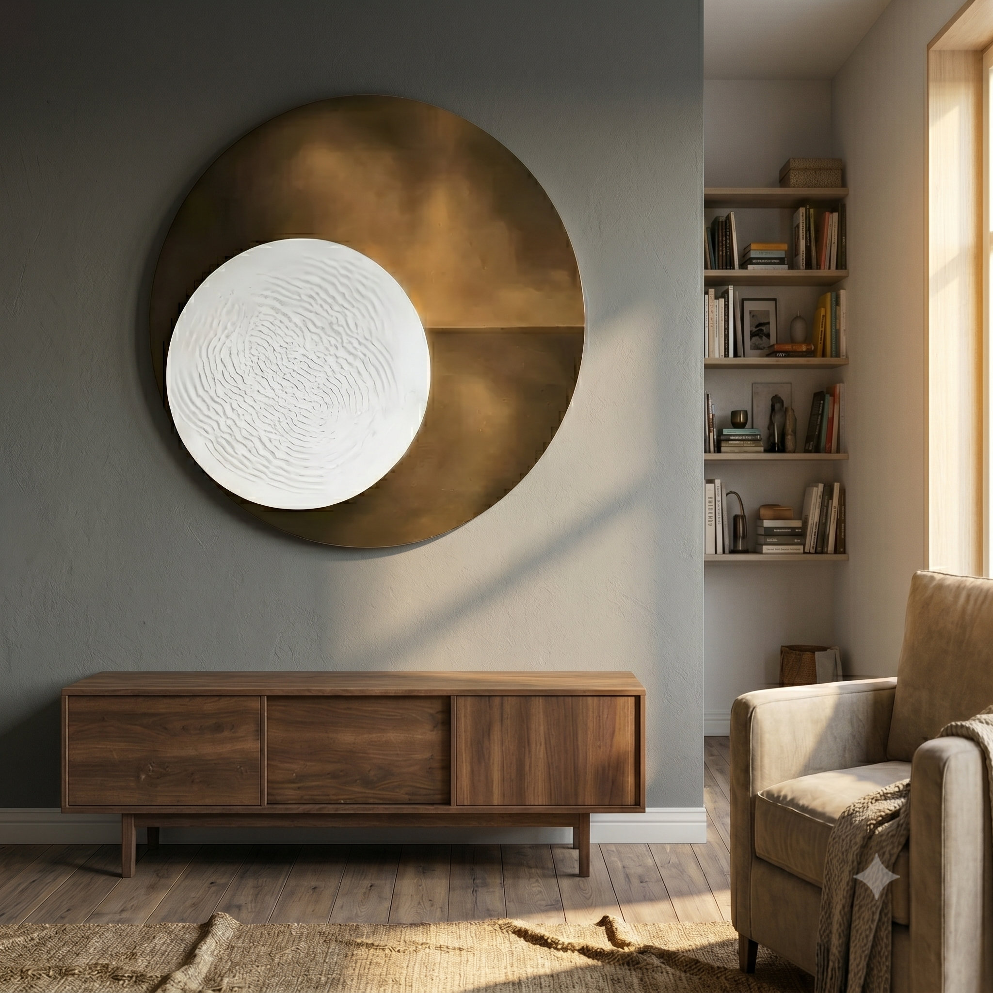 Flaria Golden 3D LED Wall Art by Giant Sculptures, textured white sandstone disc layered over a bronze-gold circle, mounted above a walnut sideboard.