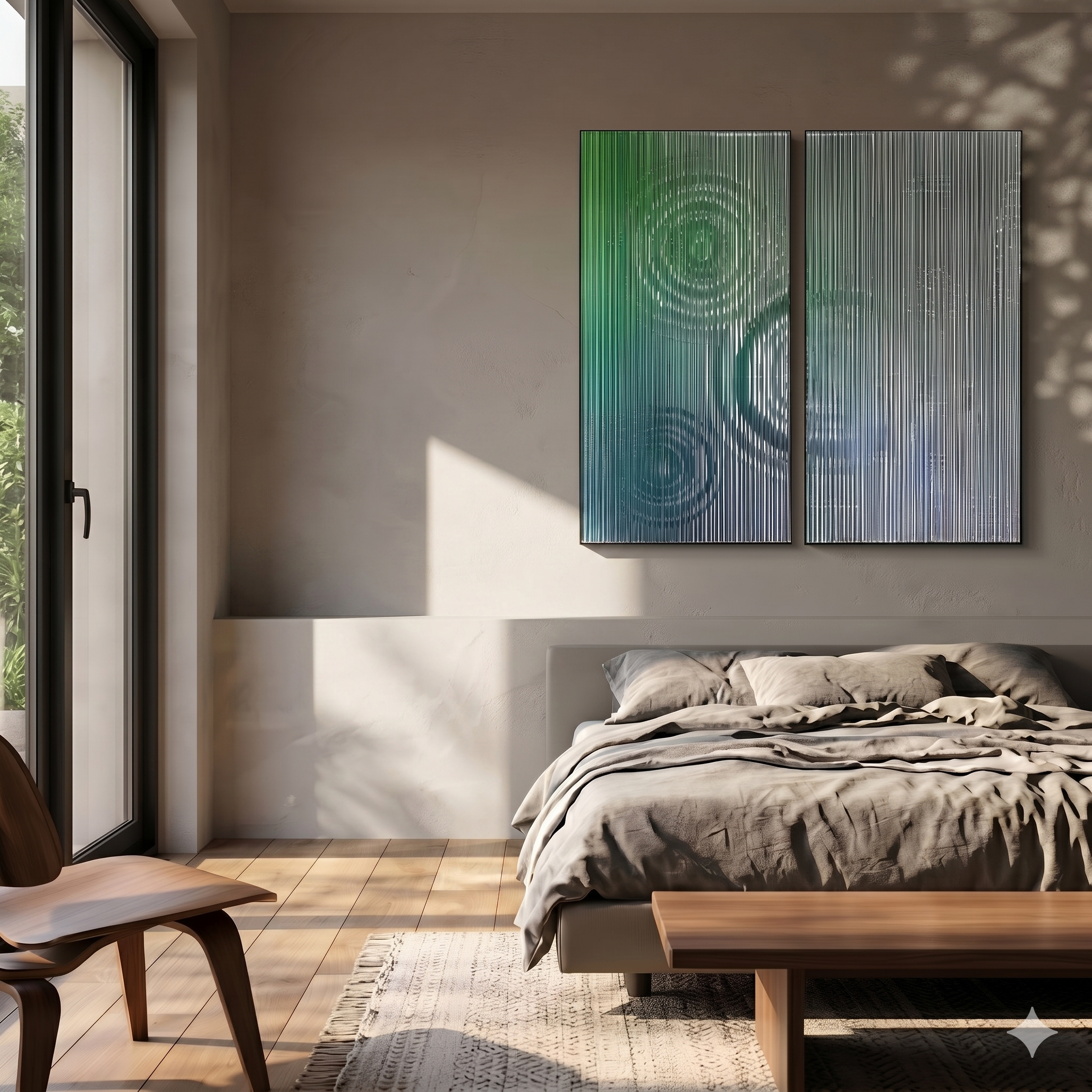 Cirquora Green I Gradient Ripple Diptych Acrylic 3D Wall Art with jade-to-silver-blue ripples mounted above a grey linen bed in a sunlit bedroom.