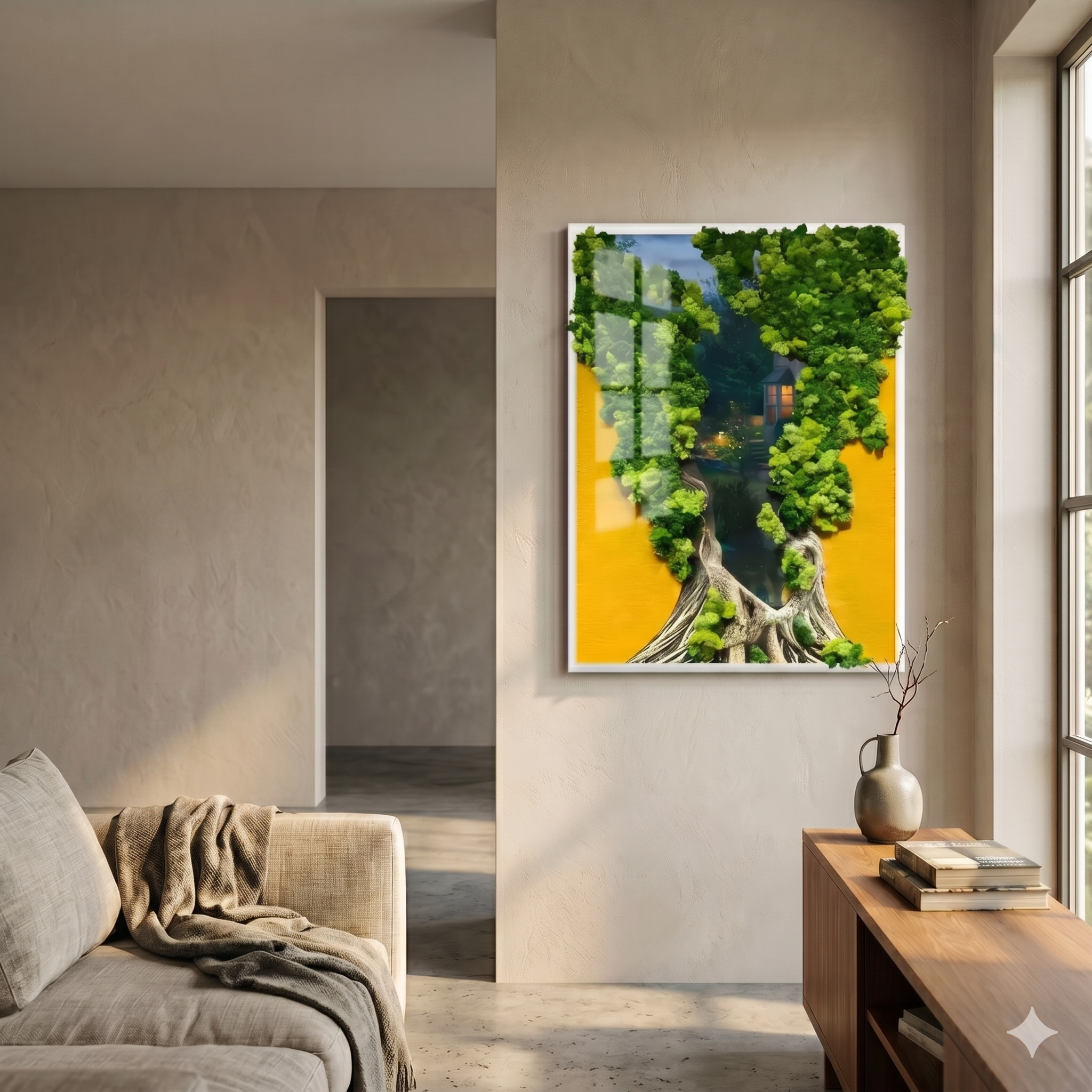 Truvira Garden View Retreat Moss Framed 3D Wall Art by Giant Sculptures displayed on a beige living room wall above a wooden console with vase, beside a linen sofa.