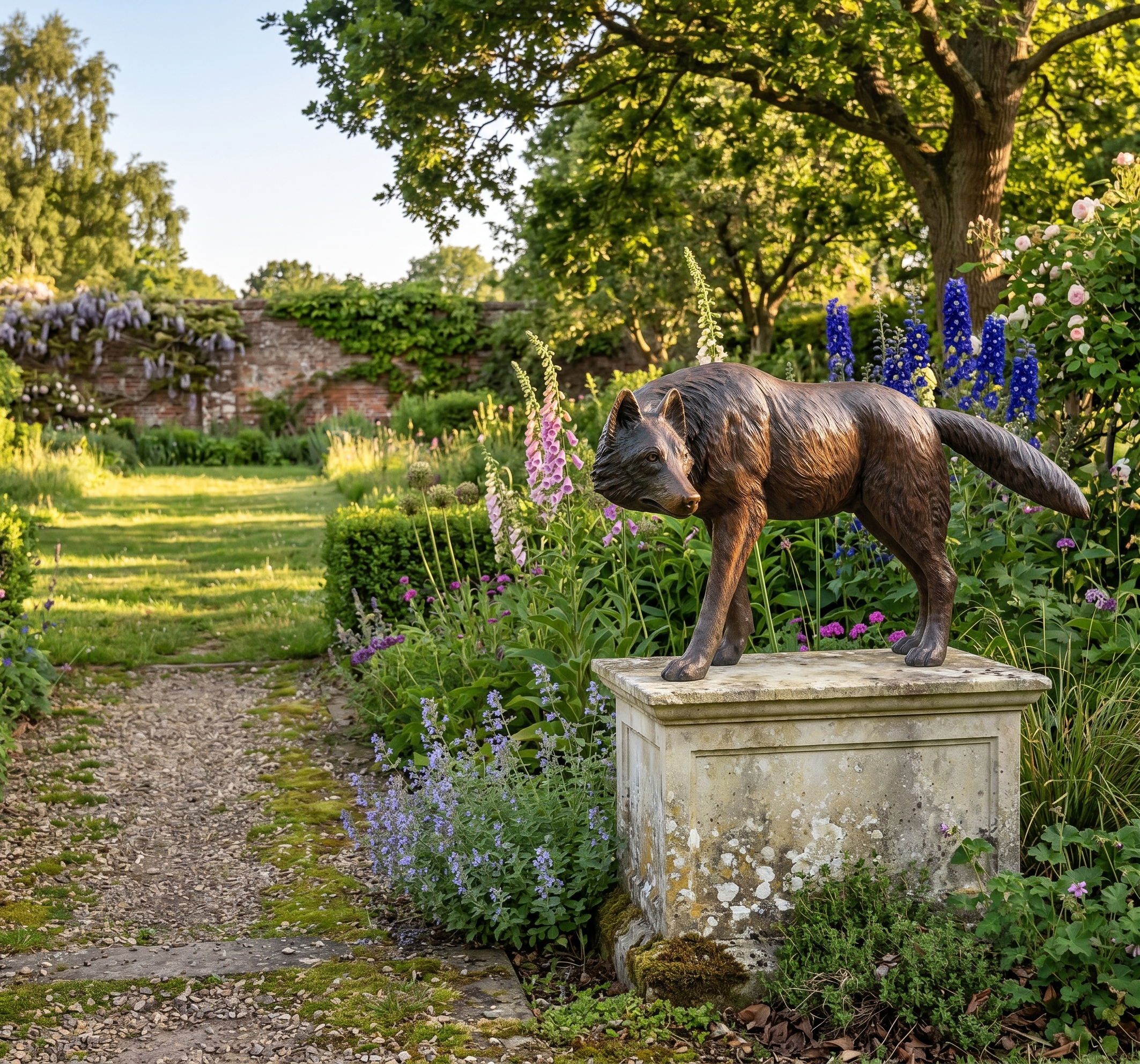 Life-Size Traditional Stalking Wolf Bronze Sculpture by Giant Sculptures, shown in profile on a weathered stone plinth in a walled garden with foxgloves and delphiniums.