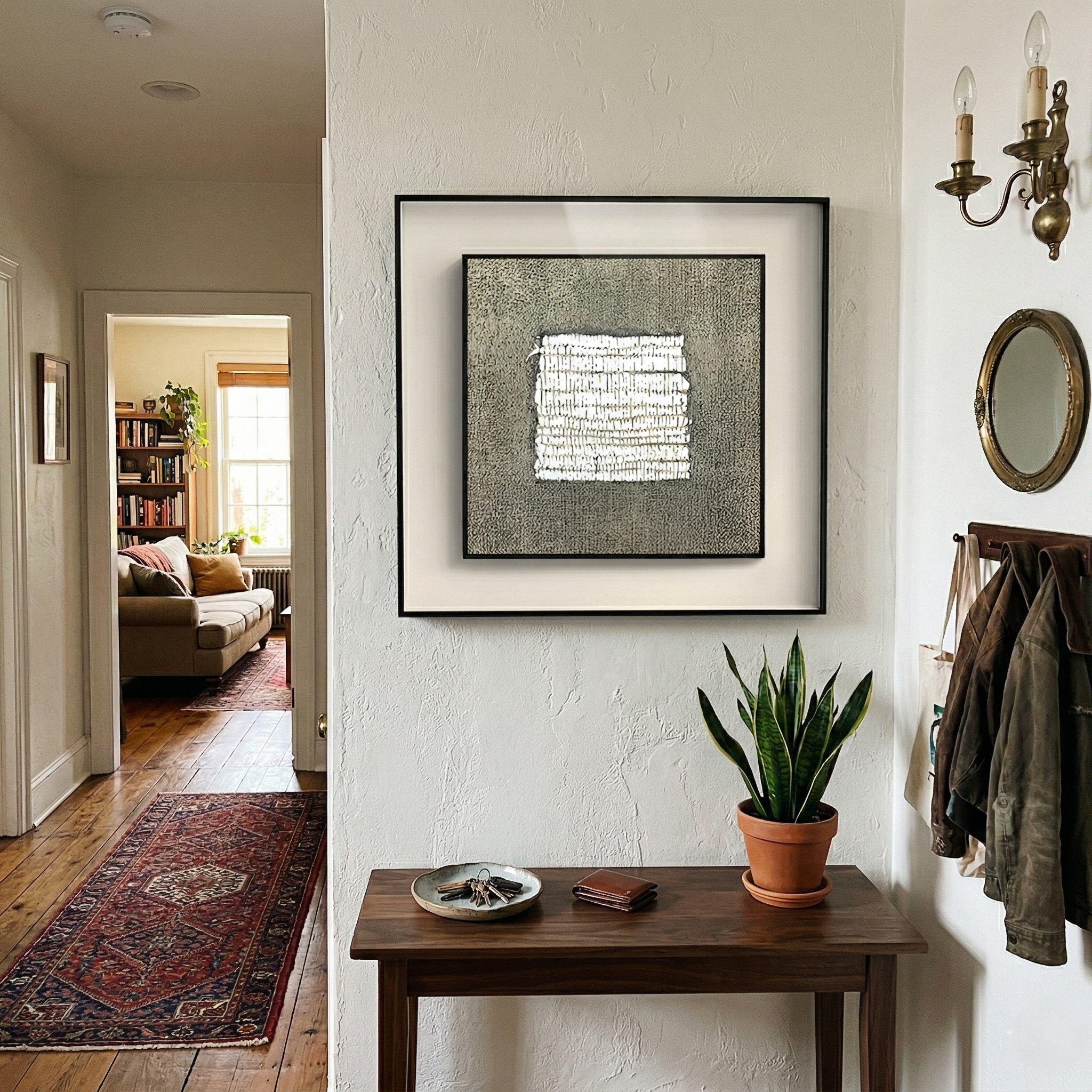 Tracera Stone Grey & White Textured Abstract Framed Wall Art by Giant Sculptures displayed in an entryway above a dark wood console table with a snake plant, coat rack, and Persian rug nearby.