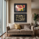 Ardensir Multicolour Abstract 2-Set Framed Wall Art by Giant Sculptures displayed stacked above a taupe velvet sofa, featuring a bold multicolour organic print and a black-and-beige zebra ripple design in ornate black wood frames.