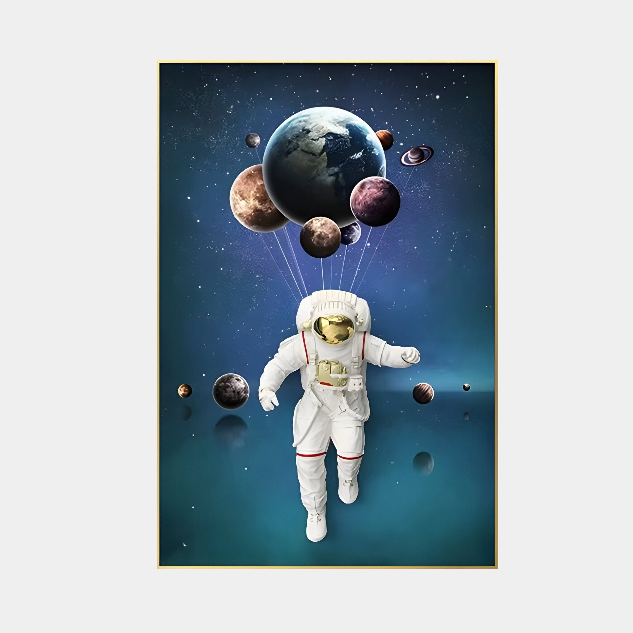 An astronaut floats in a starry night holding planet balloons, like whimsical wall art by Giant Sculptures. The dark blue sky backdrop highlights the vibrant colors and sizes of celestial orbs, embodying the essence of White 3D Space Astronaut Planet Balloons Wall Art.