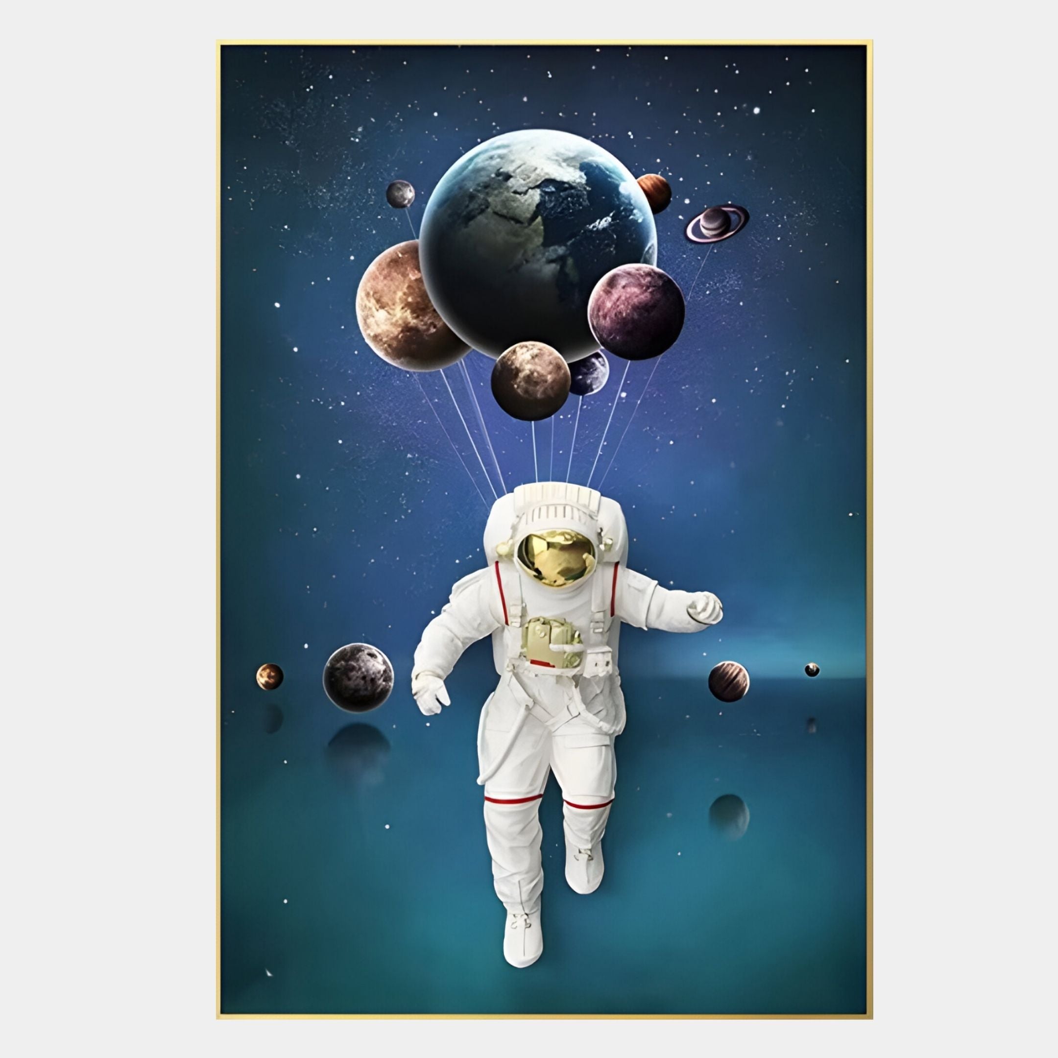 The White 3D Space Astronaut Planet Balloons Wall Art by Giant Sculptures features an astronaut floating with planet balloons and Earth against a starry blue background. Ideal décor for any room.