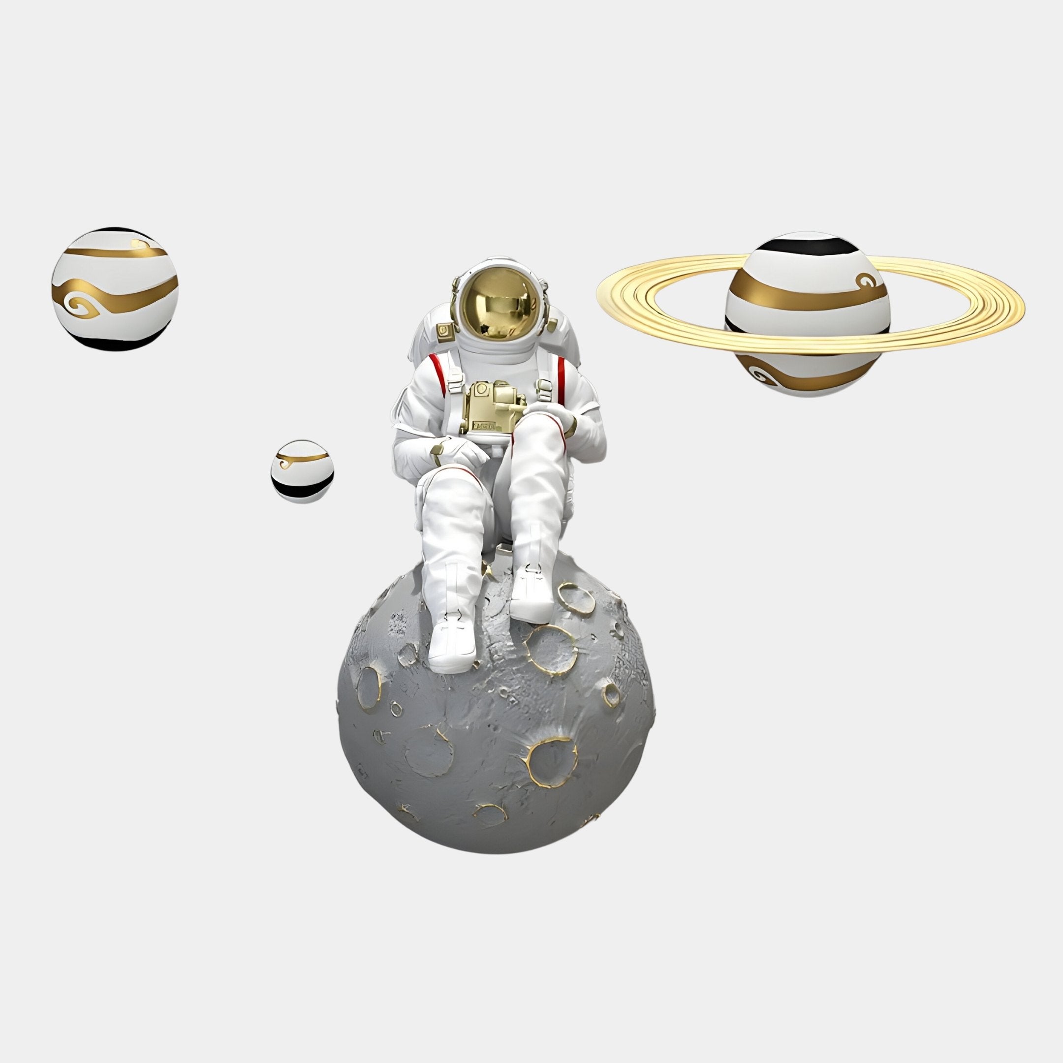 The White 3D Galaxy Astronaut On Moon Wall Art by Giant Sculptures depicts an astronaut seated on a small planet with a tablet, surrounded by abstract, ringed planets and gold accents, evoking cosmic harmony akin to intricate resin sculpture artistry.