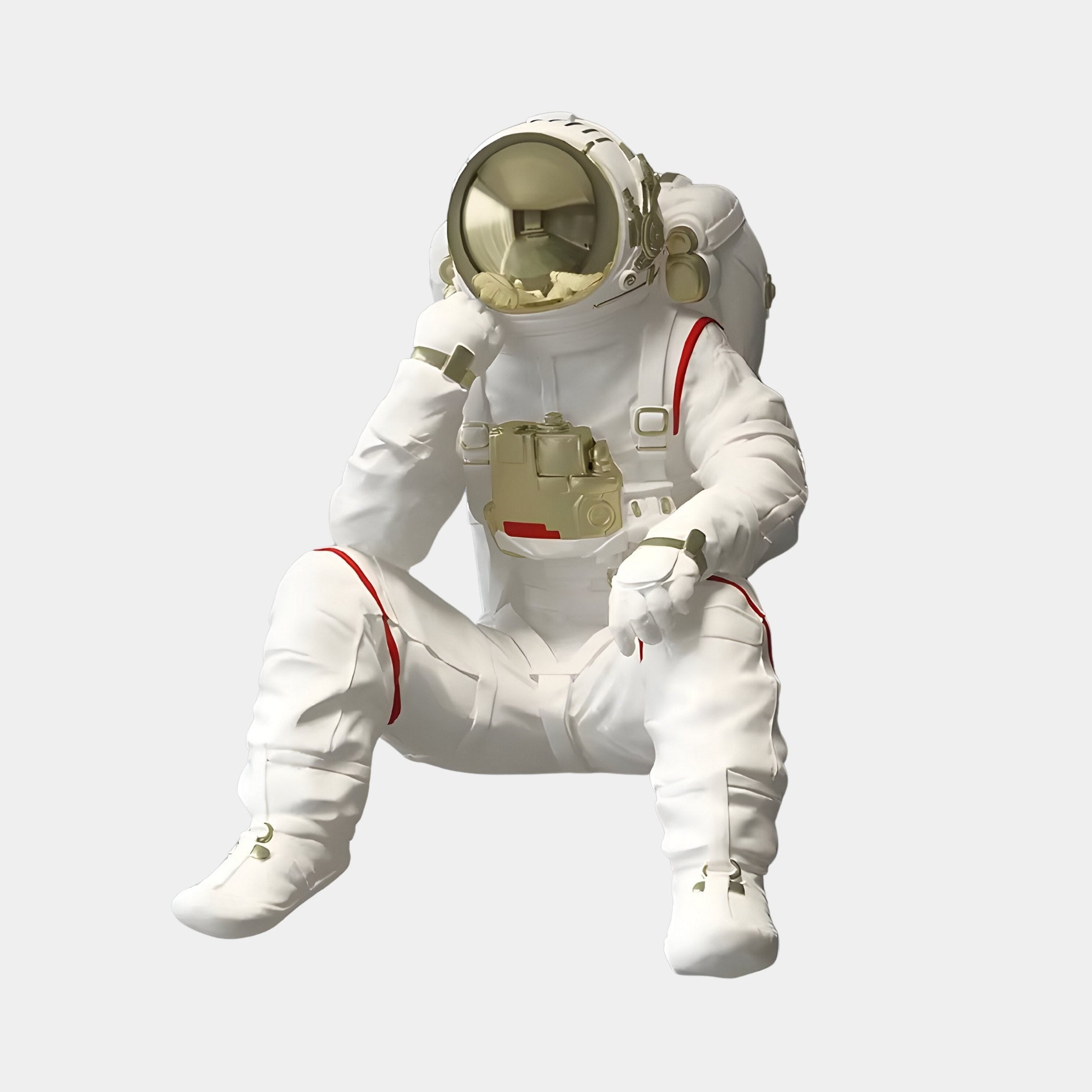 In Giant Sculptures White Astronaut Thinker 3D Wall Art, an astronaut in a sleek white spacesuit with red accents sits thoughtfully, featuring an opaque helmet visor and large backpack against a minimalist white backdrop, evoking the vastness of space exploration.