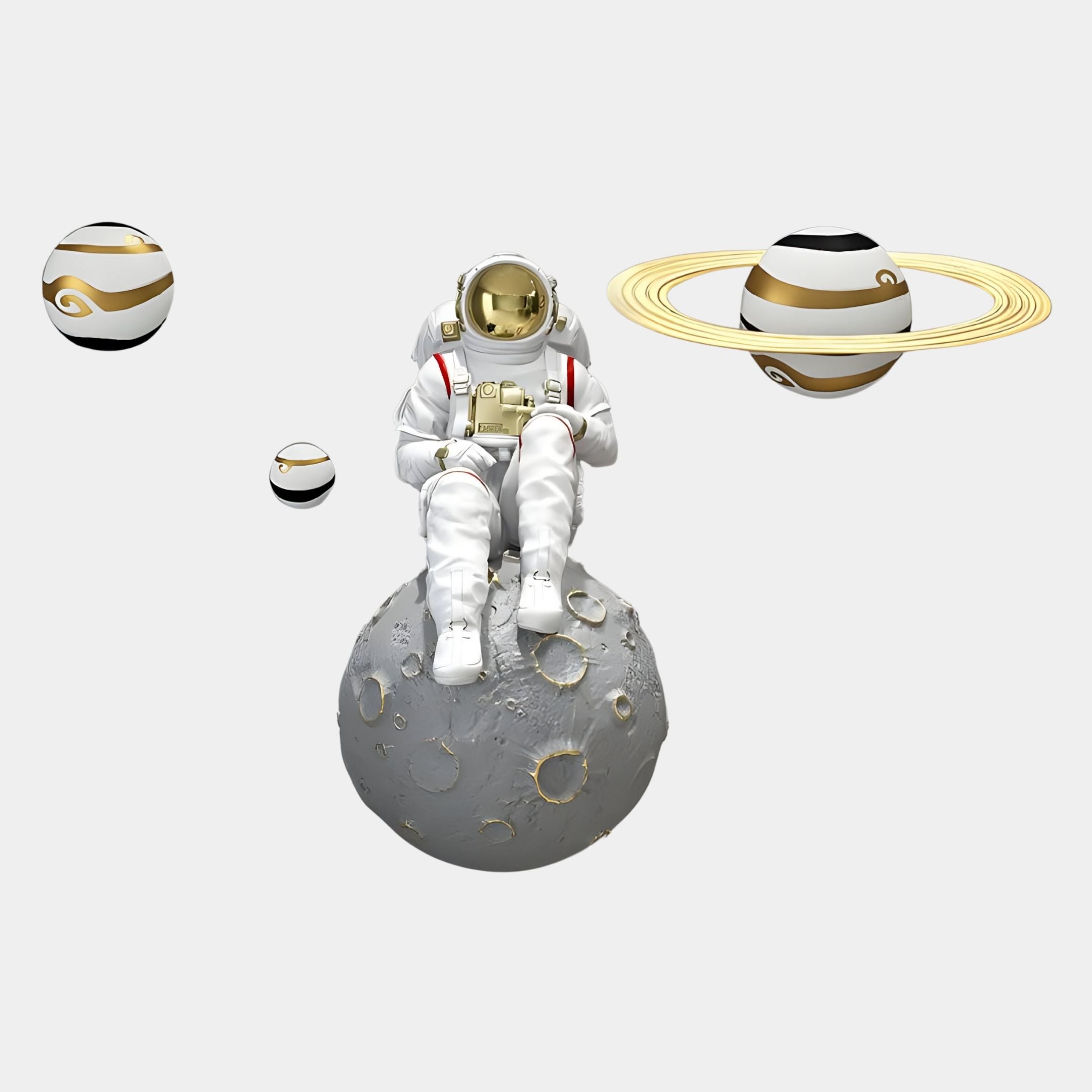 The White 3D Galaxy Astronaut On Moon Wall Art by Giant Sculptures features an astronaut in a white and gold suit sitting on a cratered gray moon, surrounded by three matching planets—perfect as unique decor for any space lover.