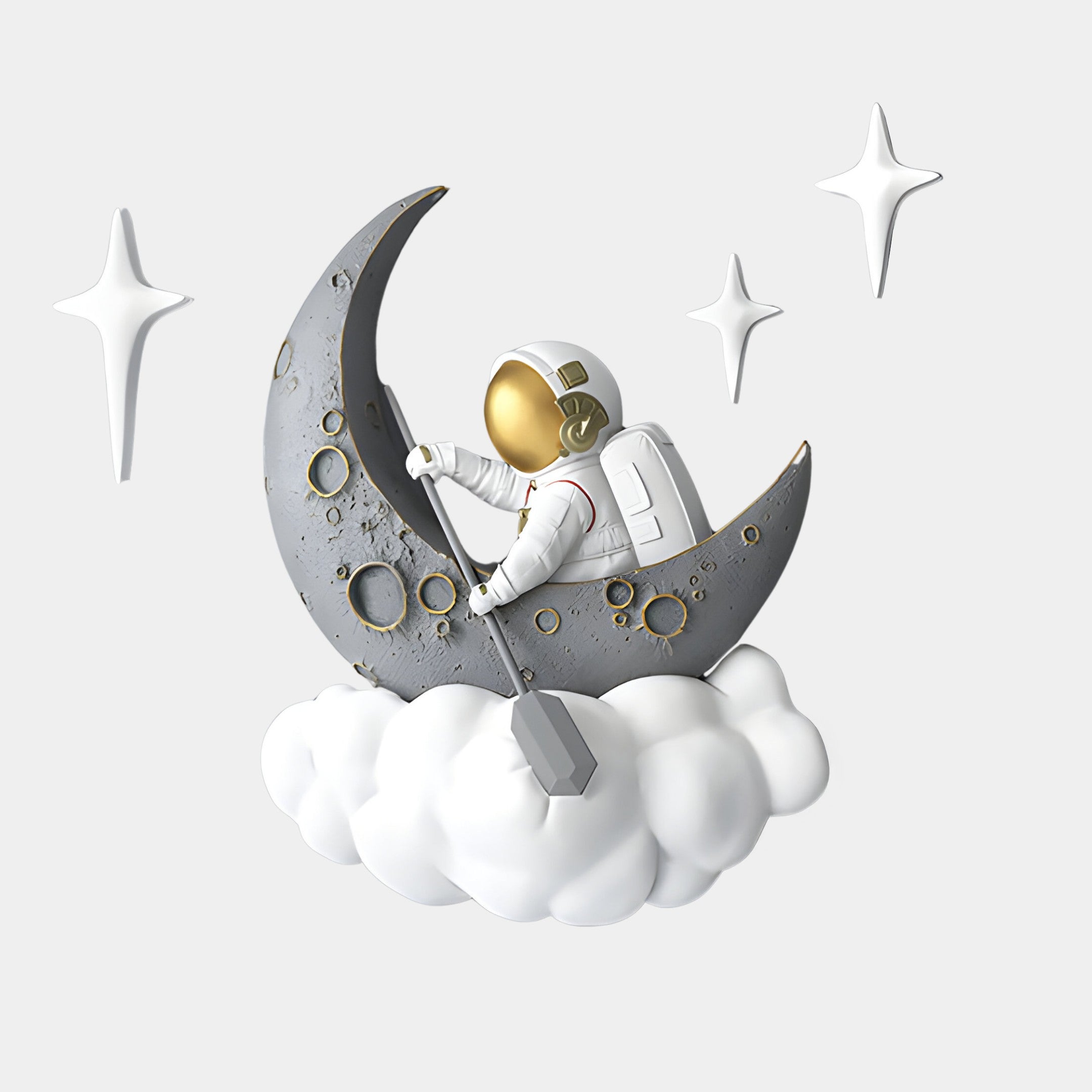 The 3D MoonSail Astronaut On Clouds Wall Art by Giant Sculptures shows an astronaut in a white suit with a gold visor paddling on a crescent moon, surrounded by fluffy clouds and three stylized stars for a cosmic touch.