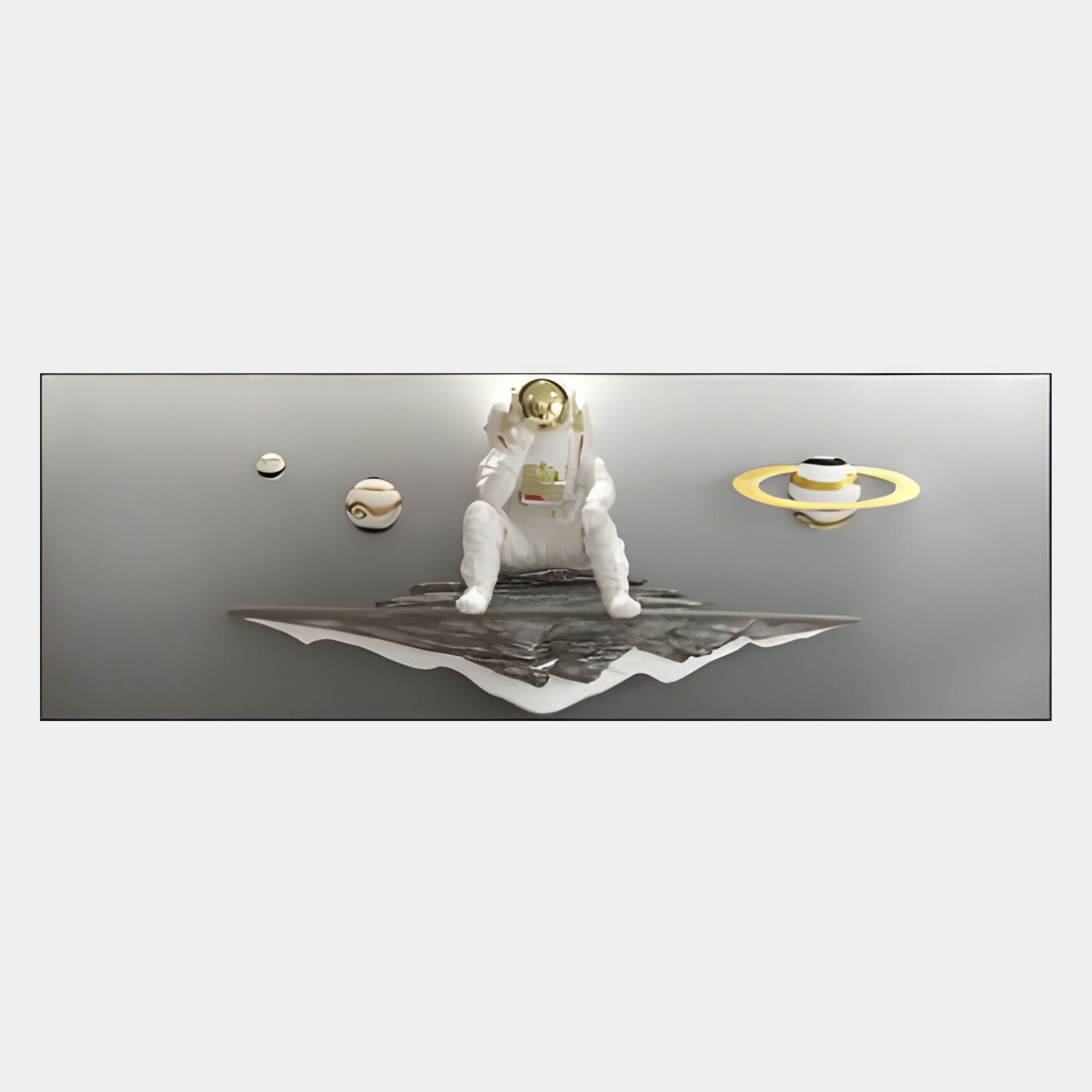A White 3D Galaxy Astronaut Thinker by Giant Sculptures sits on a floating rock, surrounded by stylized planets—including a ringed one—in linear wall art set against a gray background.