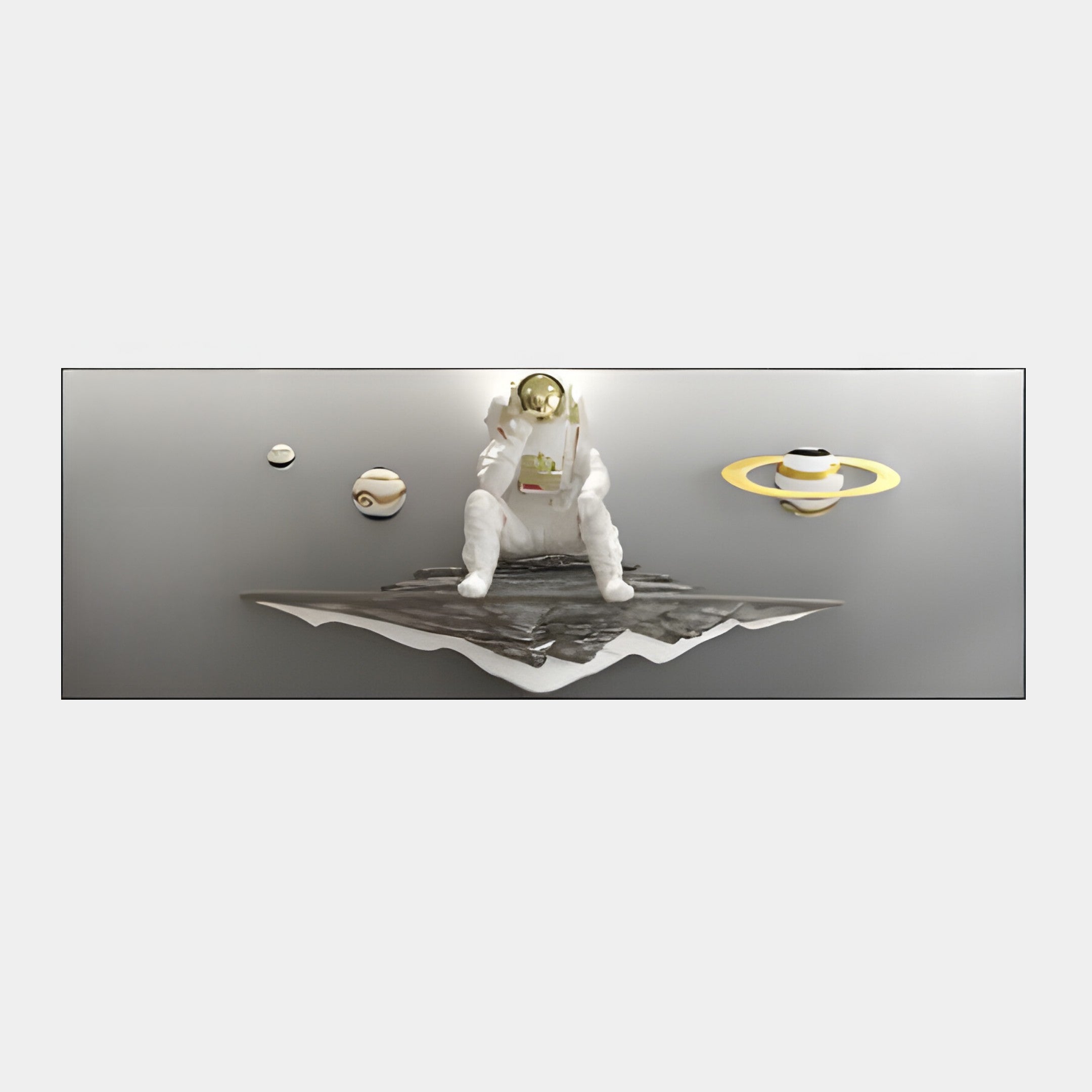 The White 3D Galaxy Astronaut Thinker Linear Wall Art by Giant Sculptures depicts an astronaut elegantly floating above a fragmented platform, surrounded by small planets and rings, featuring a white suit with a reflective gold helmet against a gray background.