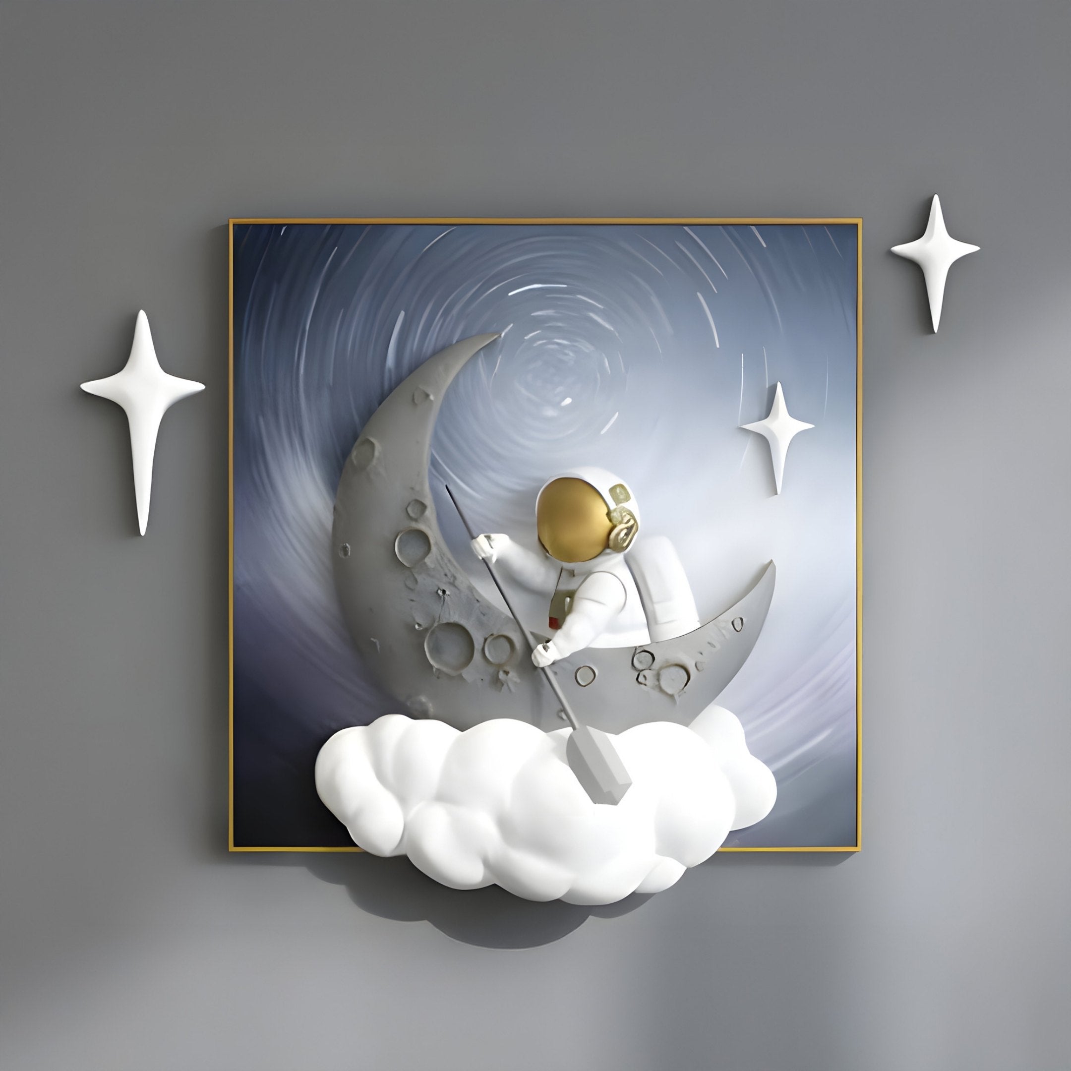 Explore the Cosmic Décor with Giant Sculptures 3D MoonSail Astronaut Swirl Wall Art featuring an astronaut on a crescent moon rowing with a paddle on a cloud, enhanced by a swirling starry night effect and decorative white stars.