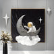 Giant Sculptures 3D MoonSail Astronaut Dark Swirl Wall Art depicts an astronaut with a gold visor on a crescent moon holding a spade, surrounded by white clouds and stars in a cosmic theme, with a vase of white flowers against a starry night backdrop.