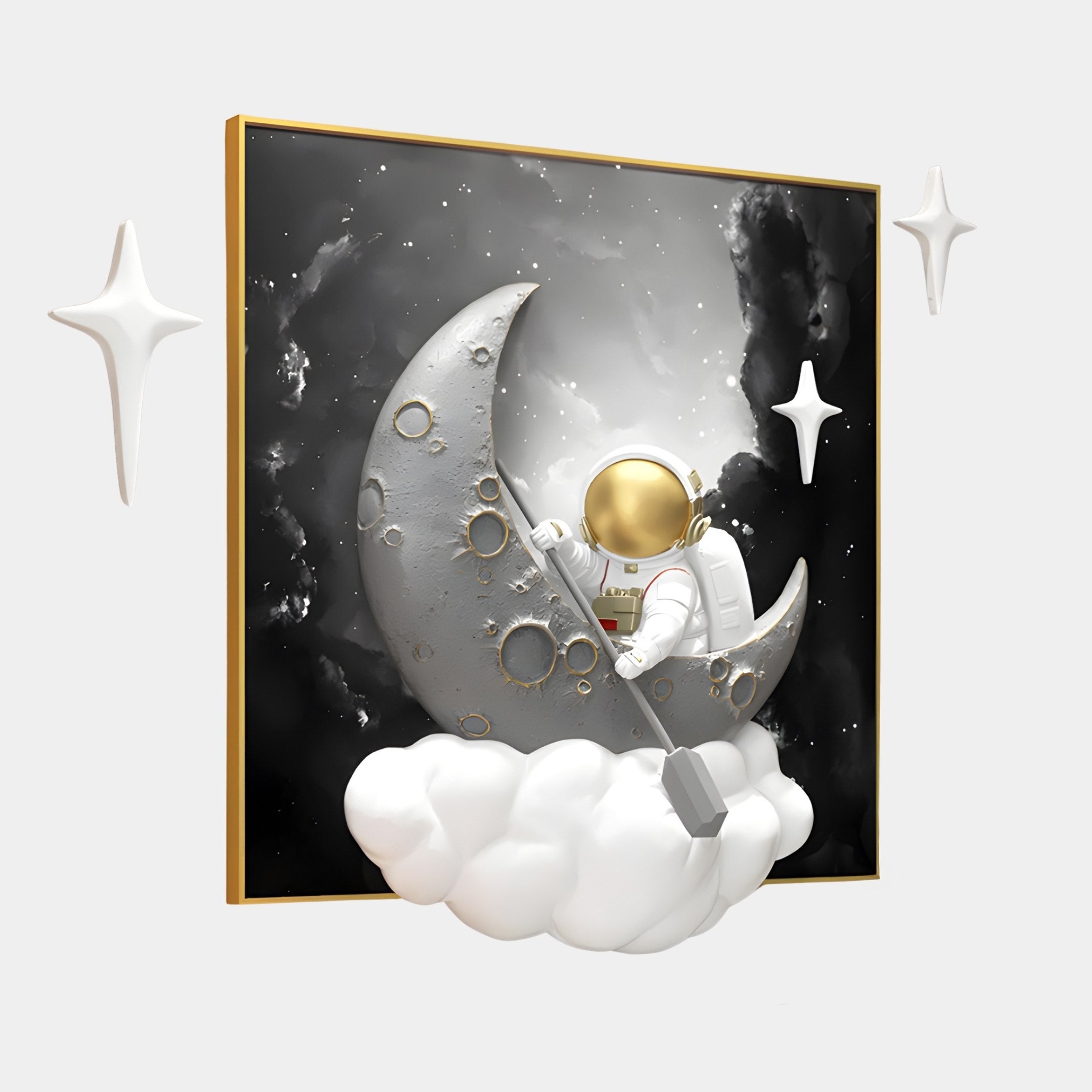 A Giant Sculptures 3D MoonSail Astronaut sits on a textured crescent moon with a pickaxe, surrounded by clouds. The monochrome backdrop features Galaxy Wall Art adorned with stars and floating 3D star shapes enhancing the cosmic scene.