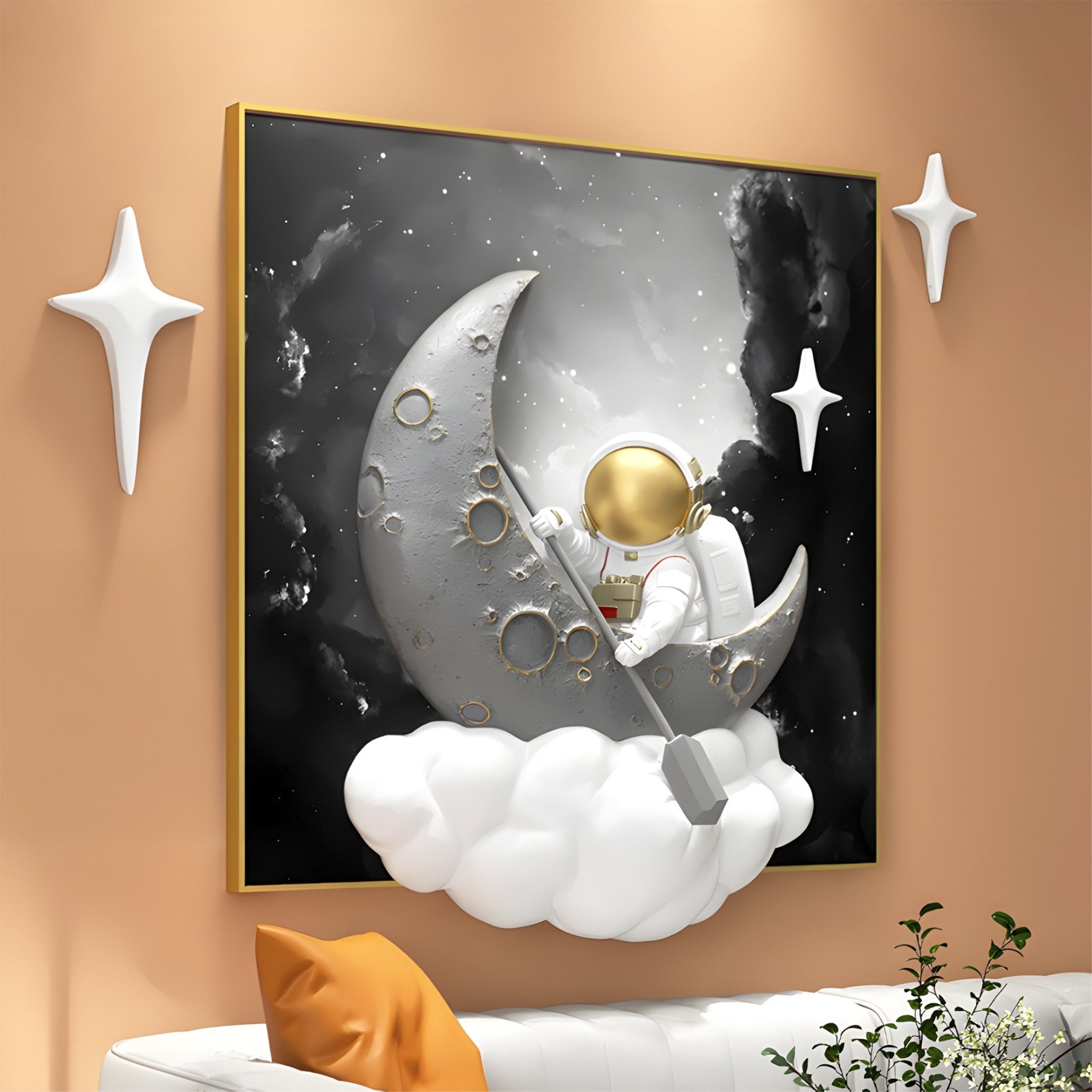 Giant Sculptures 3D MoonSail Astronaut Galaxy Wall Art features an astronaut on a crescent moon, hammer in hand, surrounded by clouds and stars. The metallic textures enhance this whimsical, celestial scene, perfect for an orange wall.