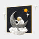 A 3D illustration of an astronaut sitting on a crescent moon and rowing with a paddle, the Giant Sculptures 3D MoonSail Astronaut Starry Wall Art depicts a cosmic adventure amid clouds, stars, and planets against a dark sky.
