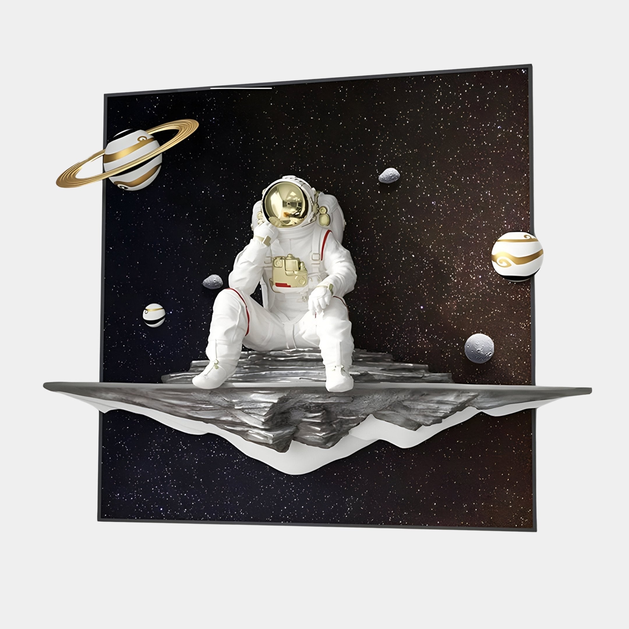 The White 3D Galaxy Astronaut Thinker Starry Wall Art by Giant Sculptures showcases a resin astronaut in a white suit with a gold visor, sitting on a rock among planets like Saturn. This mesmerizing piece enhances any space with its captivating depiction of an astronaut holding their helmet amid stars.