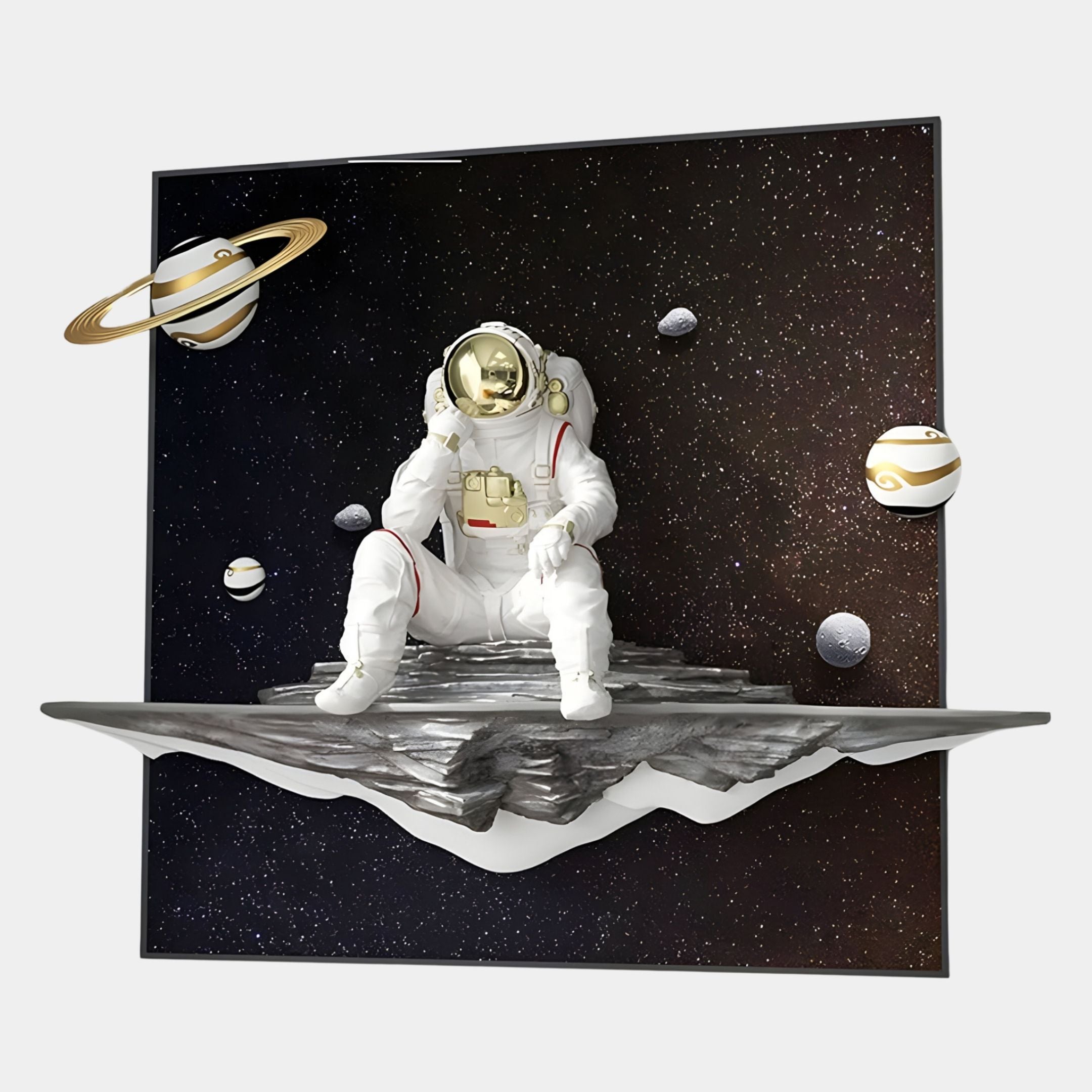 The White 3D Galaxy Astronaut Thinker Starry Wall Art by Giant Sculptures features a resin astronaut on a floating rock among stars and planets, including Saturn, extending outward from a square flat backdrop for striking space-themed decor.