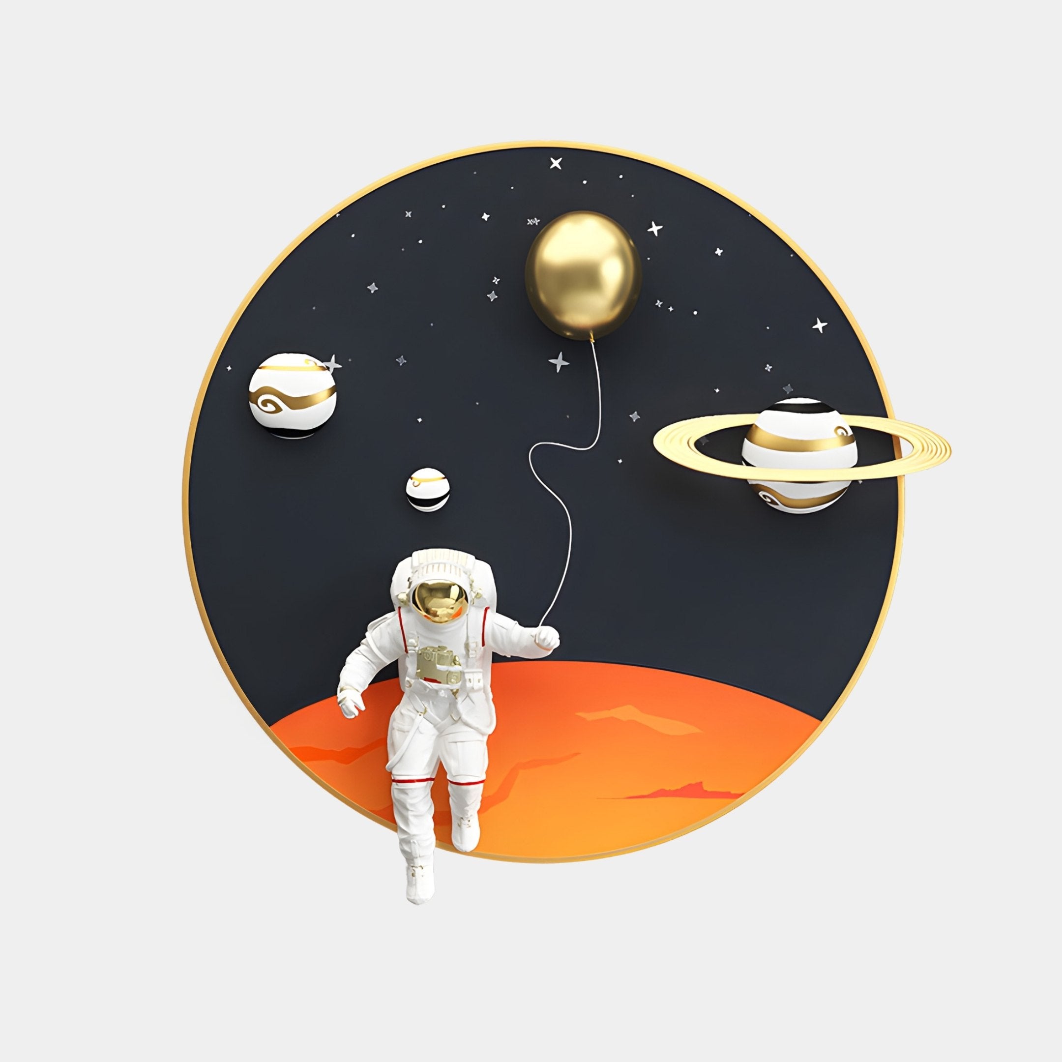 An astronaut in a white suit floats with a golden balloon against a circular cosmic backdrop of planets and stars, above an orange planet-like surface—a perfect piece for fans of Giant Sculptures White 3D Space Astronaut Balloon Wall Art.