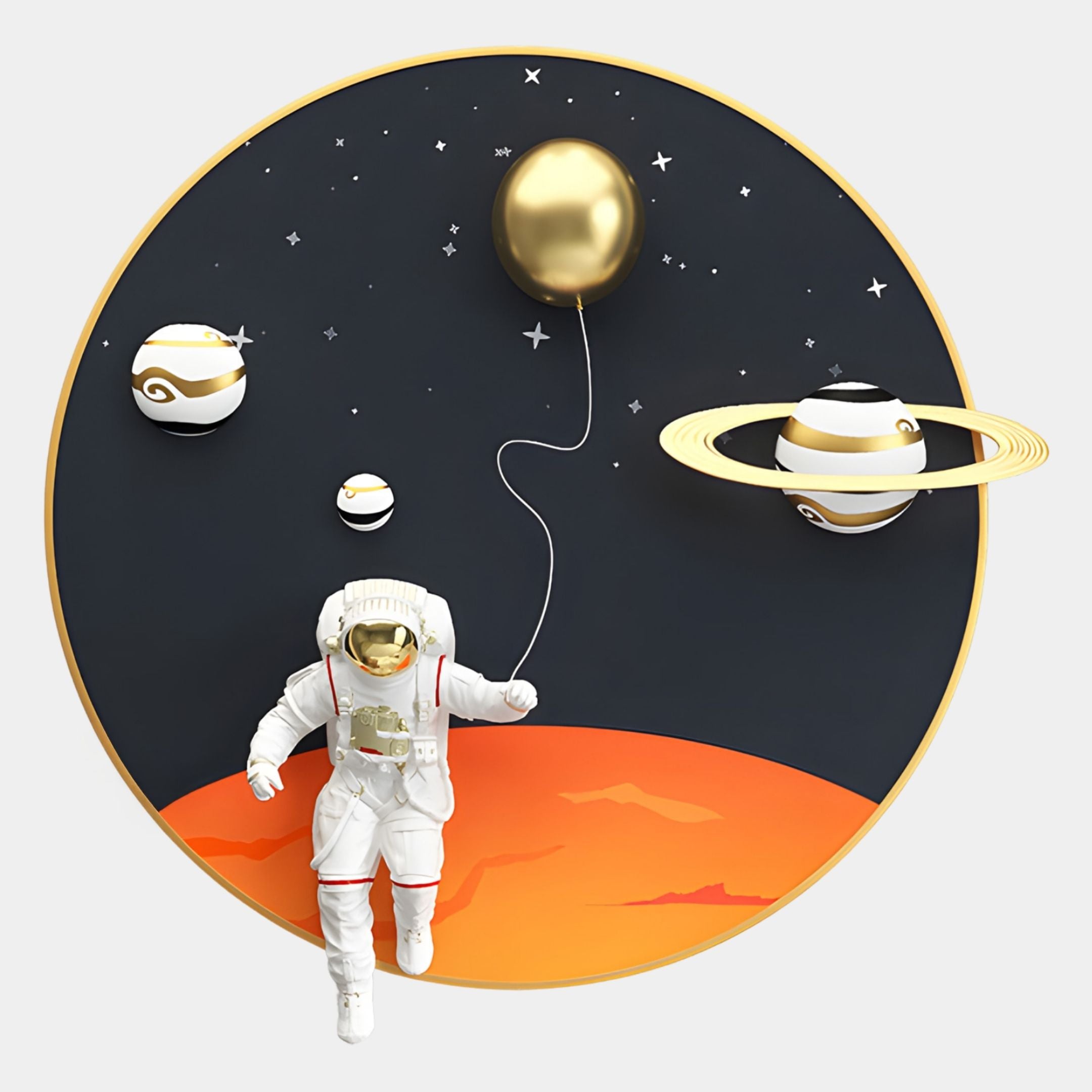Giant Sculptures’ White 3D Space Astronaut Balloon Wall Art features a 3D astronaut on an orange planet with a gold balloon, surrounded by stylized planets and stars—an inspiring cosmic accent for your space-themed decor.