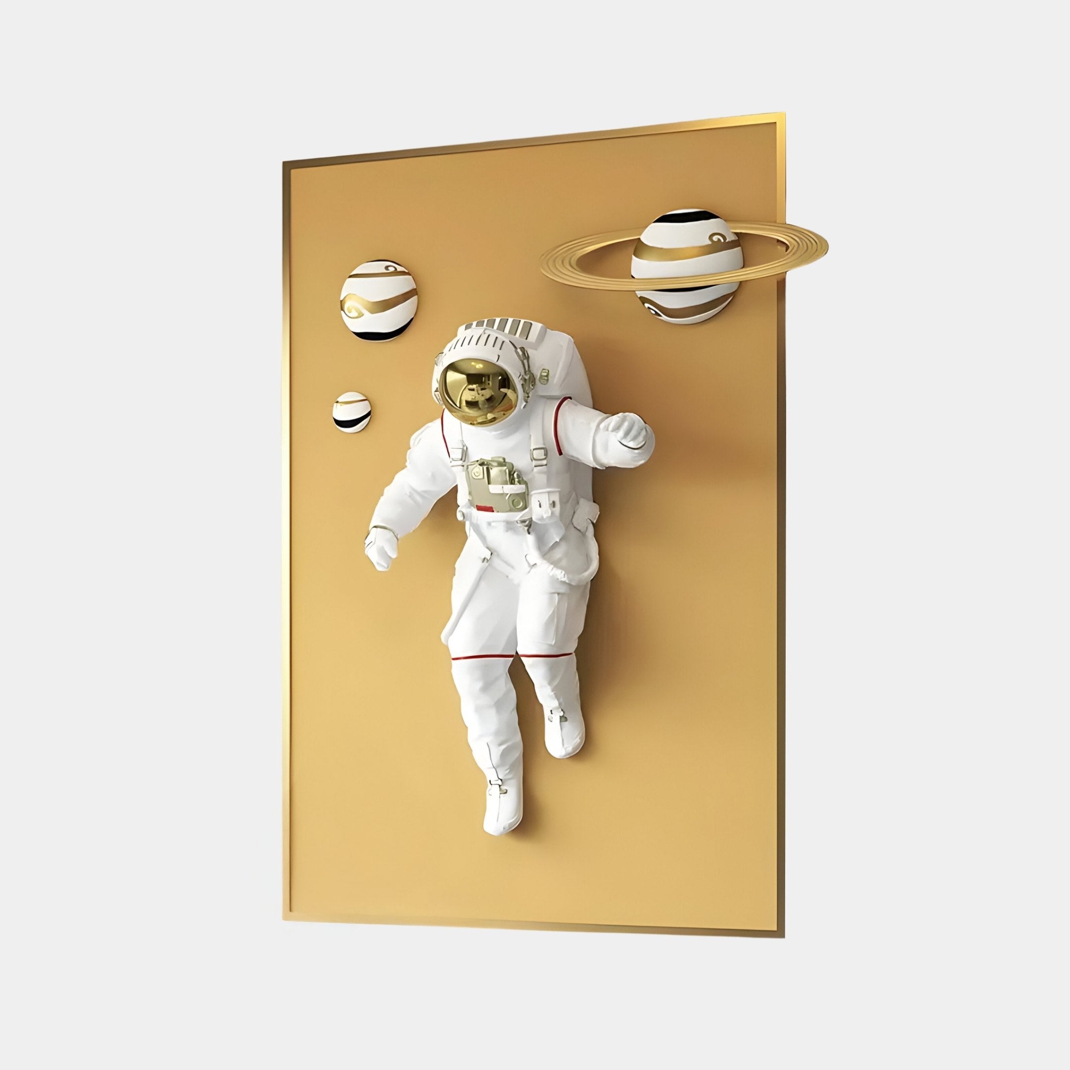 Giant Sculptures White 3D Solar Astronaut Golden Portal Wall Art features an astronaut in a white suit with a gold visor, floating among striped planets including one like Saturn, against a golden portal backdrop—a captivating space décor piece adding depth and intrigue.