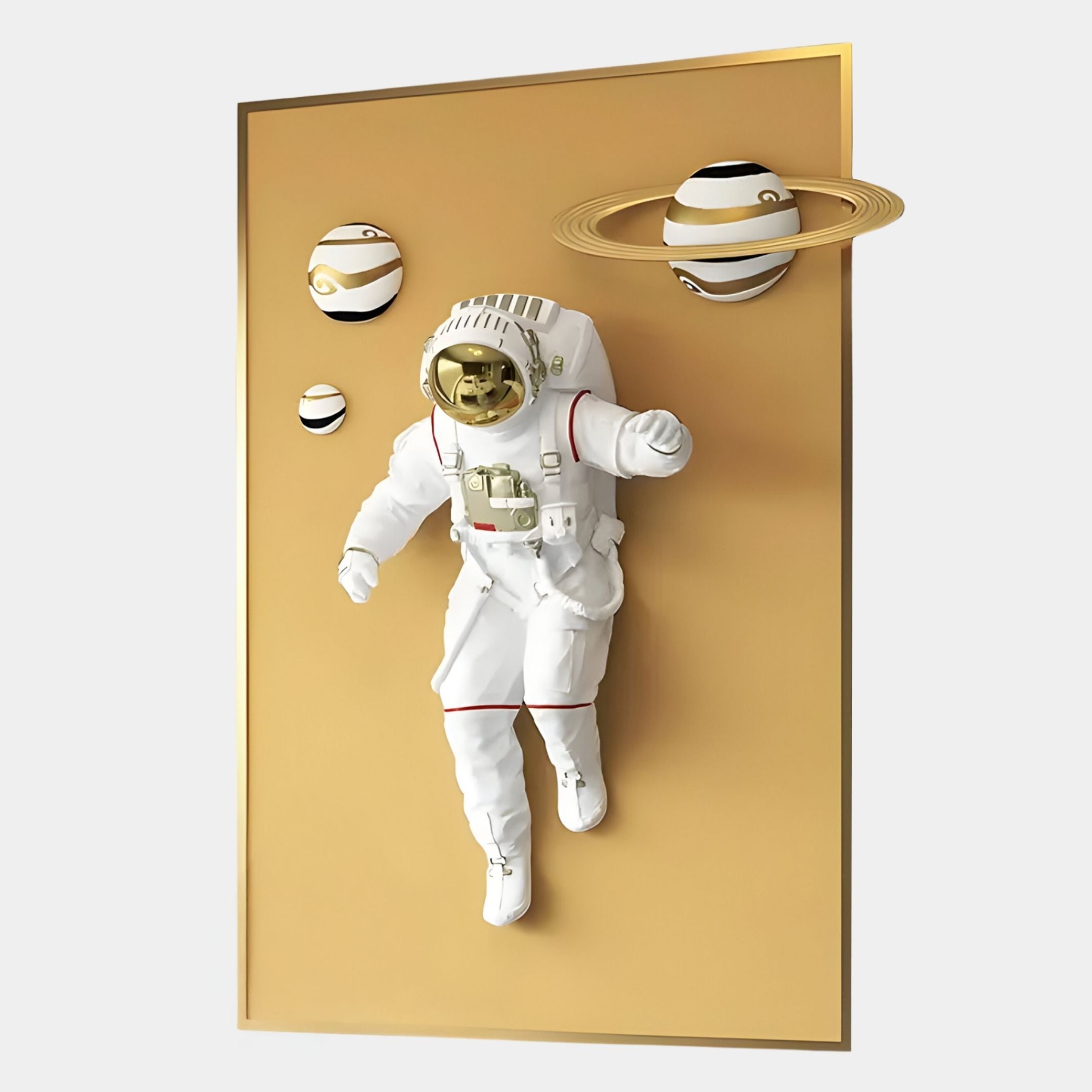The White 3D Solar Astronaut Golden Portal Wall Art by Giant Sculptures features an astronaut in a white suit before a golden portal, with stylized planets—ideal modern decor for space enthusiasts.